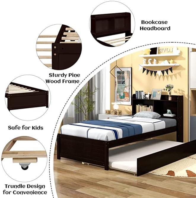 Harper & Bright Designs Twin Bed with Trundle - Solid Wood Platform Bed Frame with Bookcase Headboard for Teens, No Box Spring Needed, Espresso - Perfect for Small Bedrooms, Guest Rooms & Kids' Rooms