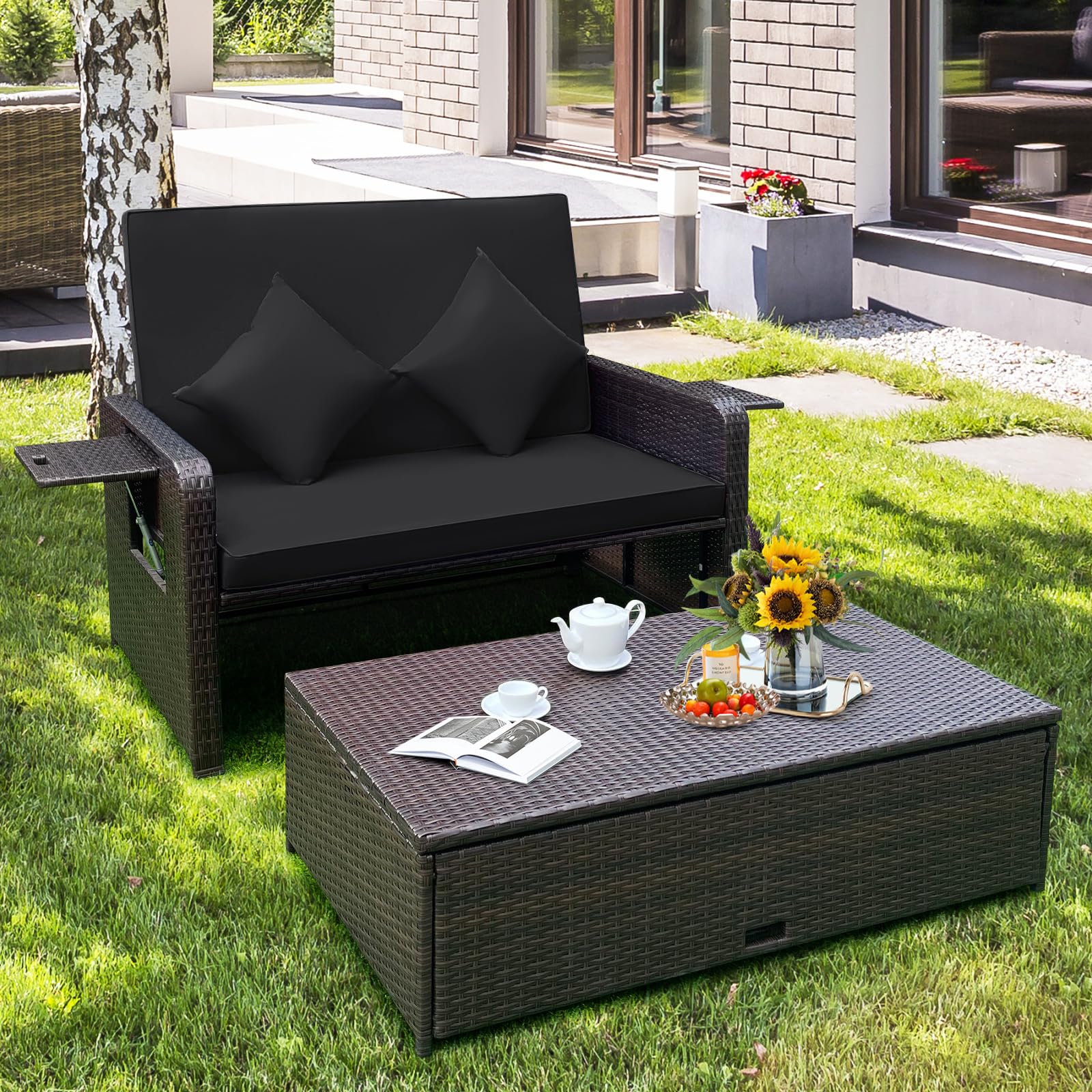 Tangkula Outdoor Rattan Daybed Set with Adjustable Backrest, Wicker Loveseat Sofa, Ottoman & Side Tray - Patio Furniture for Garden, Poolside, Balcony (Black) - Includes Storage Footstool & Cushions