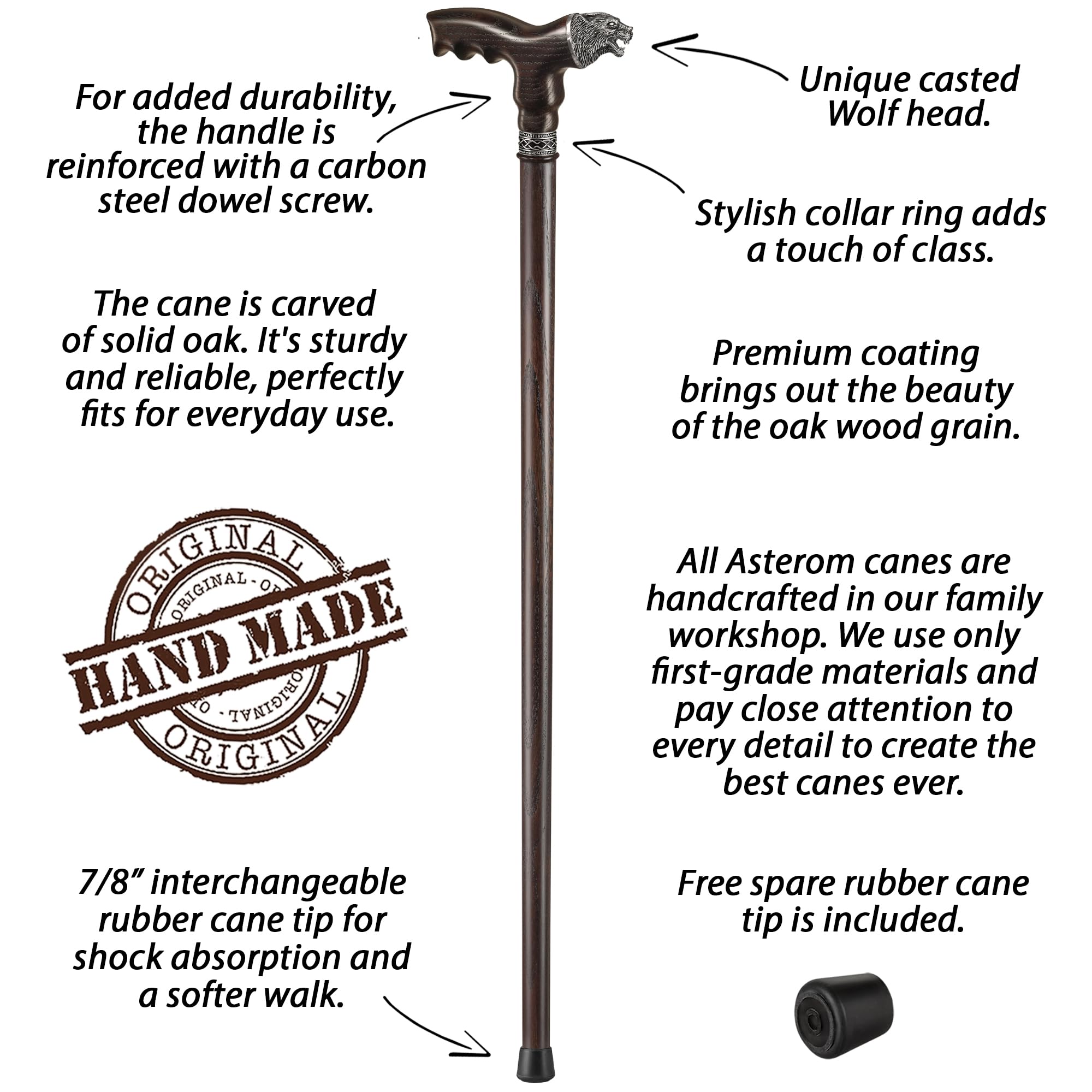 Stylish Handmade Wooden Walking Cane for Men - Wolf Design Fashionable Walking Stick - Perfect for Hiking, Travel & Everyday Use