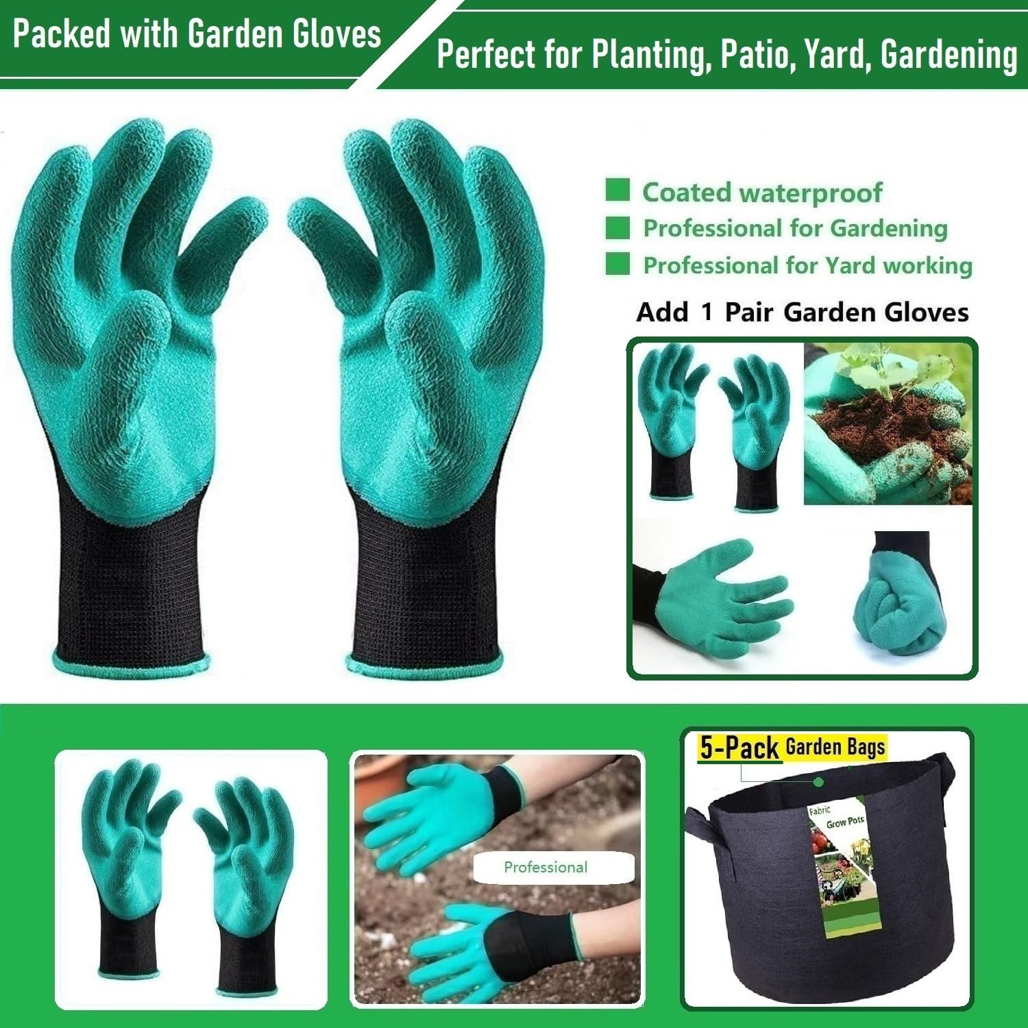 5-Pack 1 Gallon Thickened Fabric Grow Bags for Plants - 7x6 Inch Reusable Gardening Pots for Herbs, Vegetables, Flowers & Nursery Plants | Includes Free Garden Gloves | Perfect for Indoor/Outdoor Planting, Urban Gardening & Container Gardening