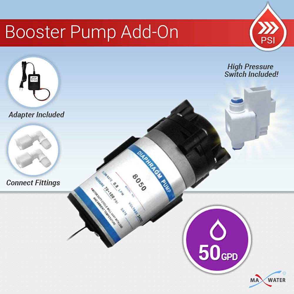 高效50 GPD反渗透RO增压泵配高压开关，1/4 OD x 3/8 MIP弯头连接件，适用于家庭净水系统及商业水处理设备