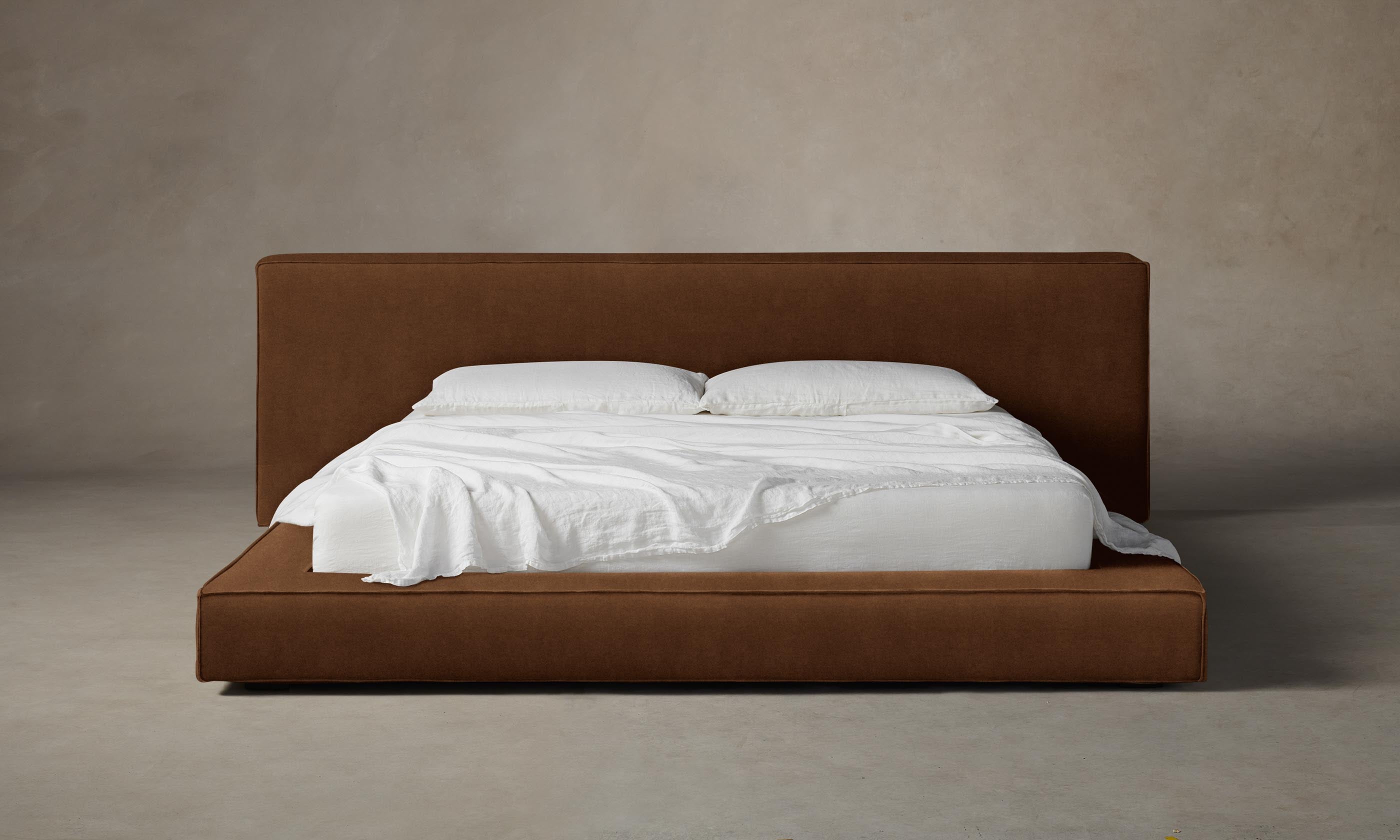 The Eldridge Bed - Luxury Performance Velvet Upholstered Platform Bed Frame in Cider Brown | Modern Bedroom Furniture for Master & Guest Rooms | Perfect for Cozy & Stylish Home Decor