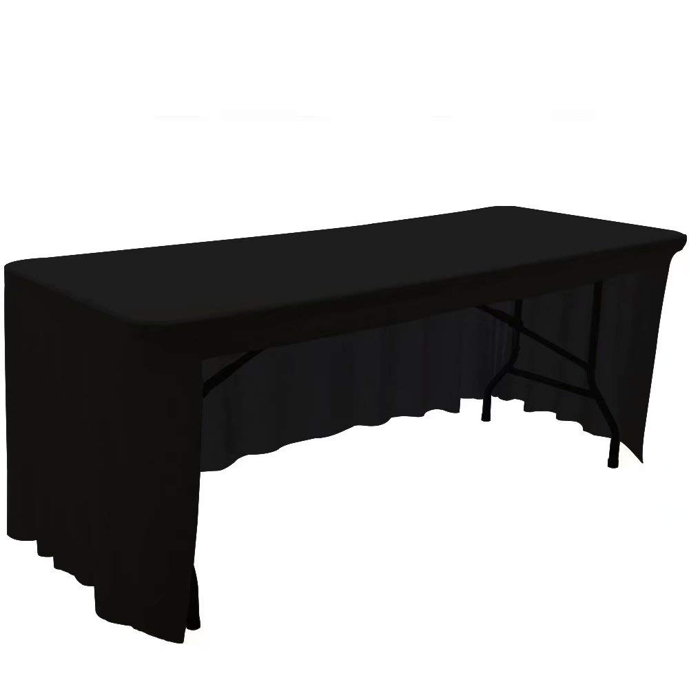 HAORUI 6ft Black Open Back Table Skirt - Wrinkle Resistant Rectangle Tablecloth with Ruffles Elastic Edge for Banquet, Wedding, Party Decor - Perfect for Buffet Tables, Reception Displays & Event Decorations