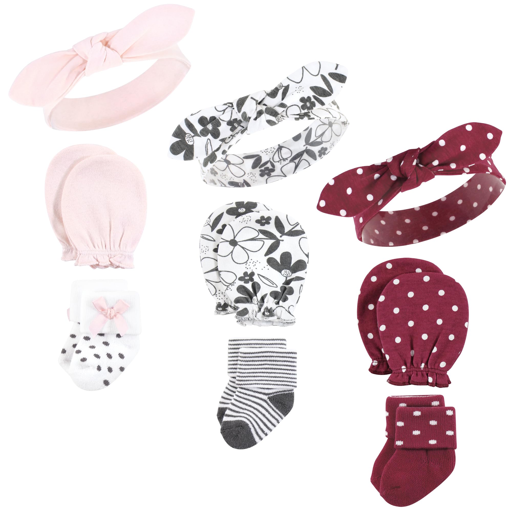 Hudson Baby Unisex Newborn Caps Mittens & Socks Set - Retro Floral Design for 0-6 Months | Soft Cotton Baby Accessories for Winter, Photo Shoots & Gift Giving