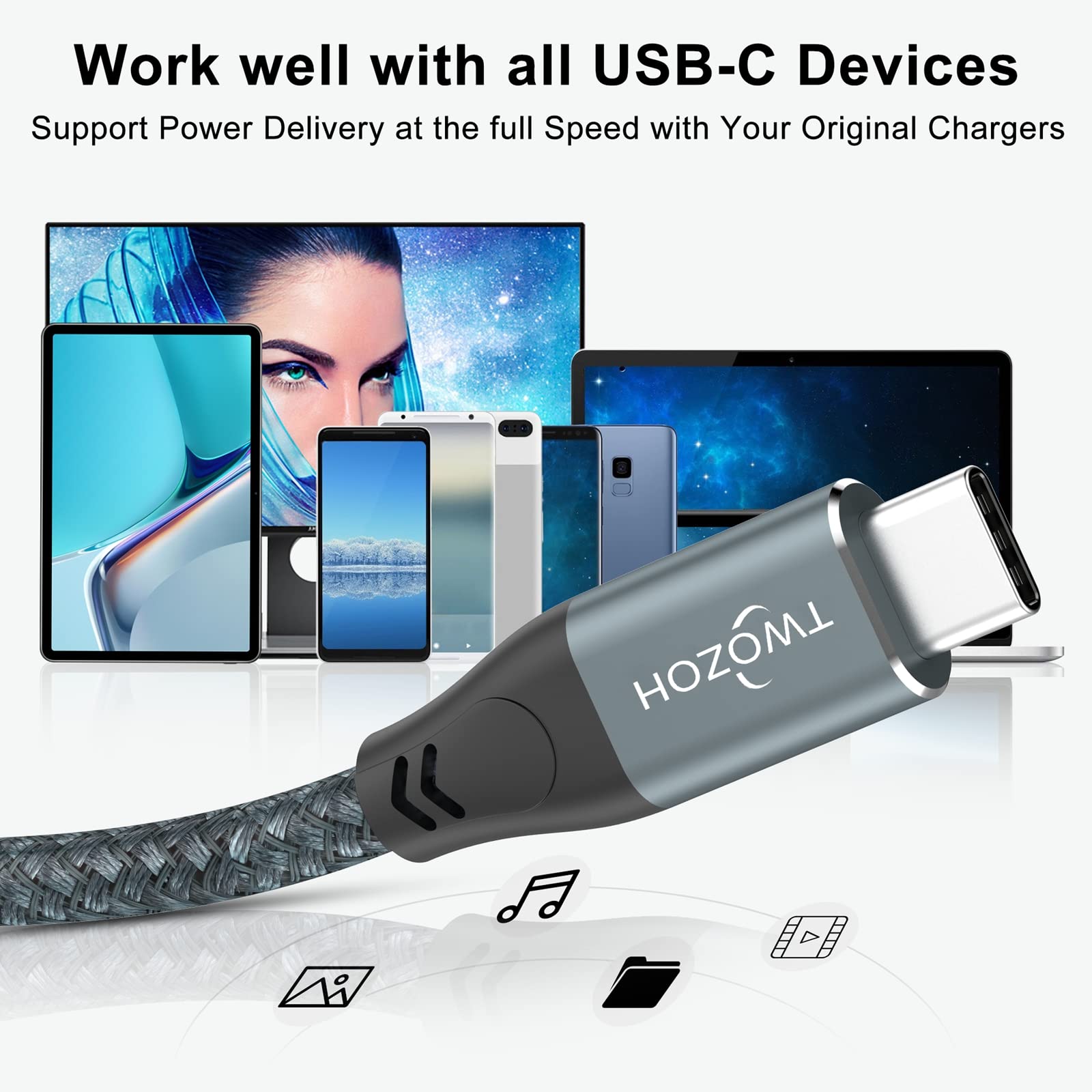 Twozoh USB C to USB C Cable 3.2 Gen 2 (15FT) - 20Gbps High-Speed Data Transfer, 100W PD Fast Charging & 4K Video Output - Compatible with MacBook Pro, iPad Pro, Galaxy S23 - Durable Nylon Braided Grey Charger Cord for Home, Office & Travel