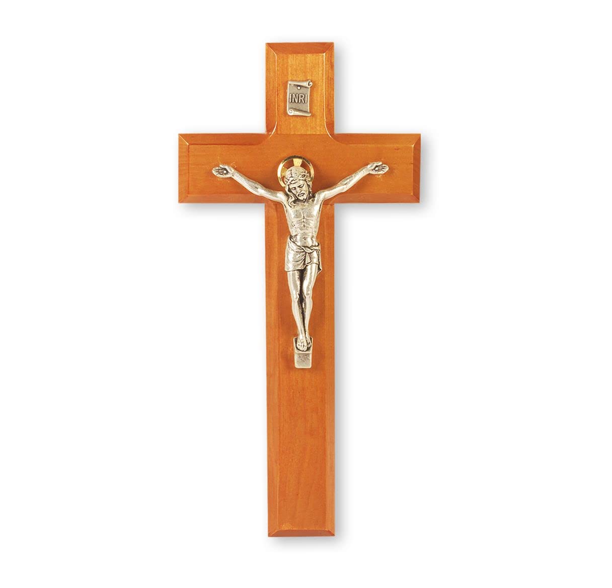 9 Inch Natural Cherry Wood Cross with Antique Silver Salerni Corpus - Perfect for Home Decor, Wall Hangings, and Religious Gifts