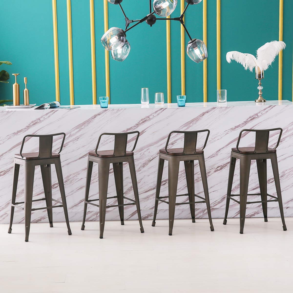 HAOBO Industrial Swivel Bar Stools Set of 4 - 24 Inch Metal Bar Height Stools with Rustic Finish - Perfect for Kitchen Island, Home Bar & Dining Room Counter