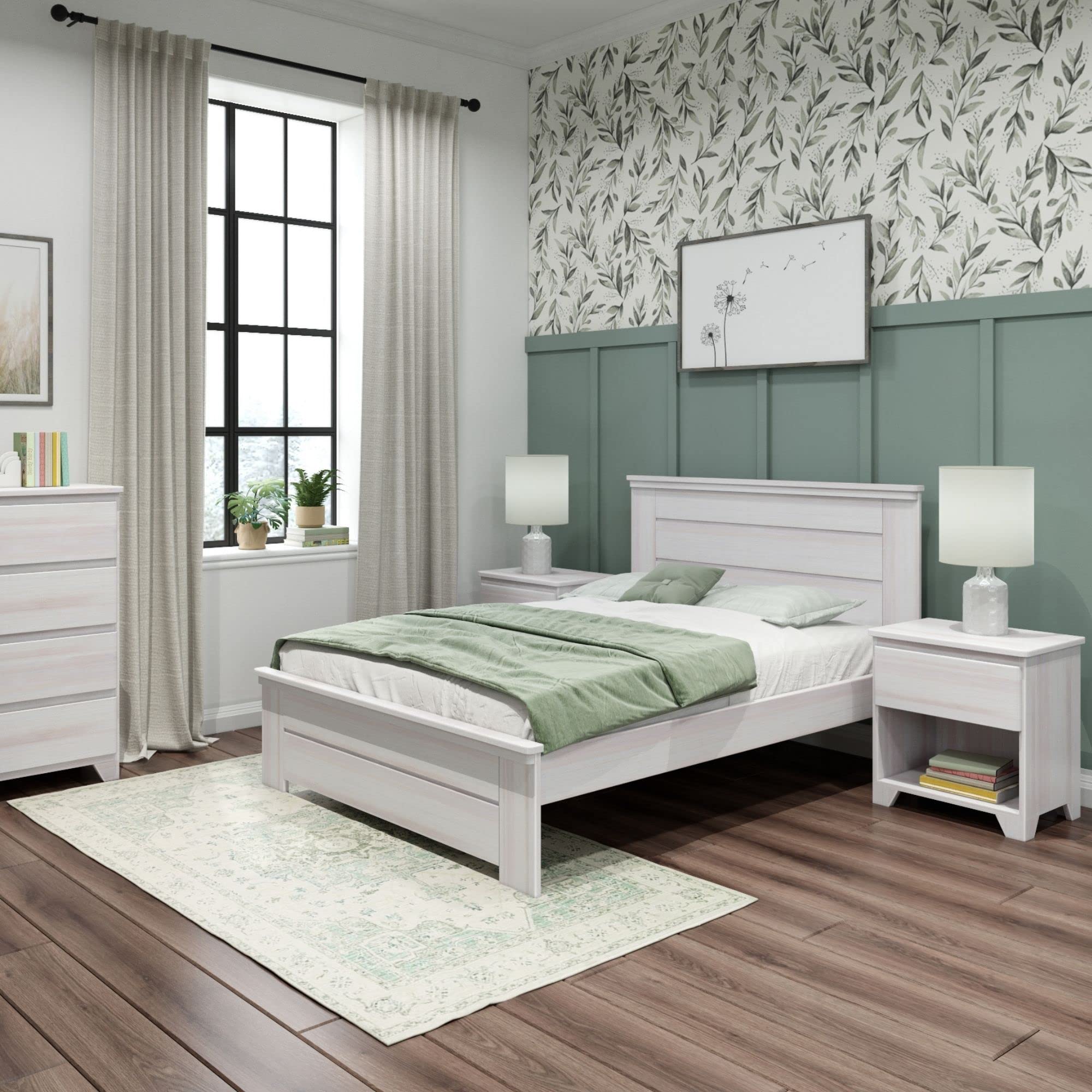 Max & Lily Modern Farmhouse Platform Bed with Panel Headboard - Full Size White Wash Wooden Bed Frame for Bedroom, Guest Room or Kids Room - Sturdy & Stylish Home Furniture
