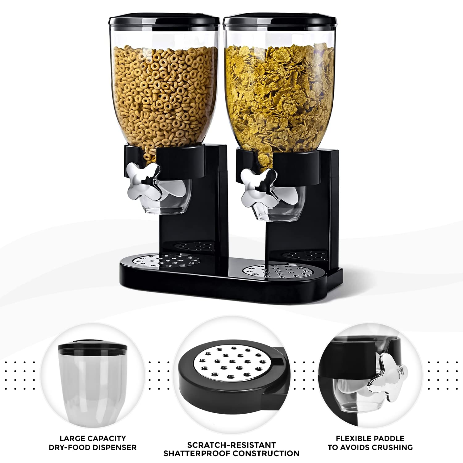 Premium Single/Double Plastic Dry Food Dispenser with Twist Dial - Accurate Portion Control for Cereals, Nuts & Snacks - Airtight Storage Keeps Food Fresh - Ideal for Kitchen, Pantry & Office (Black, Double Pack)