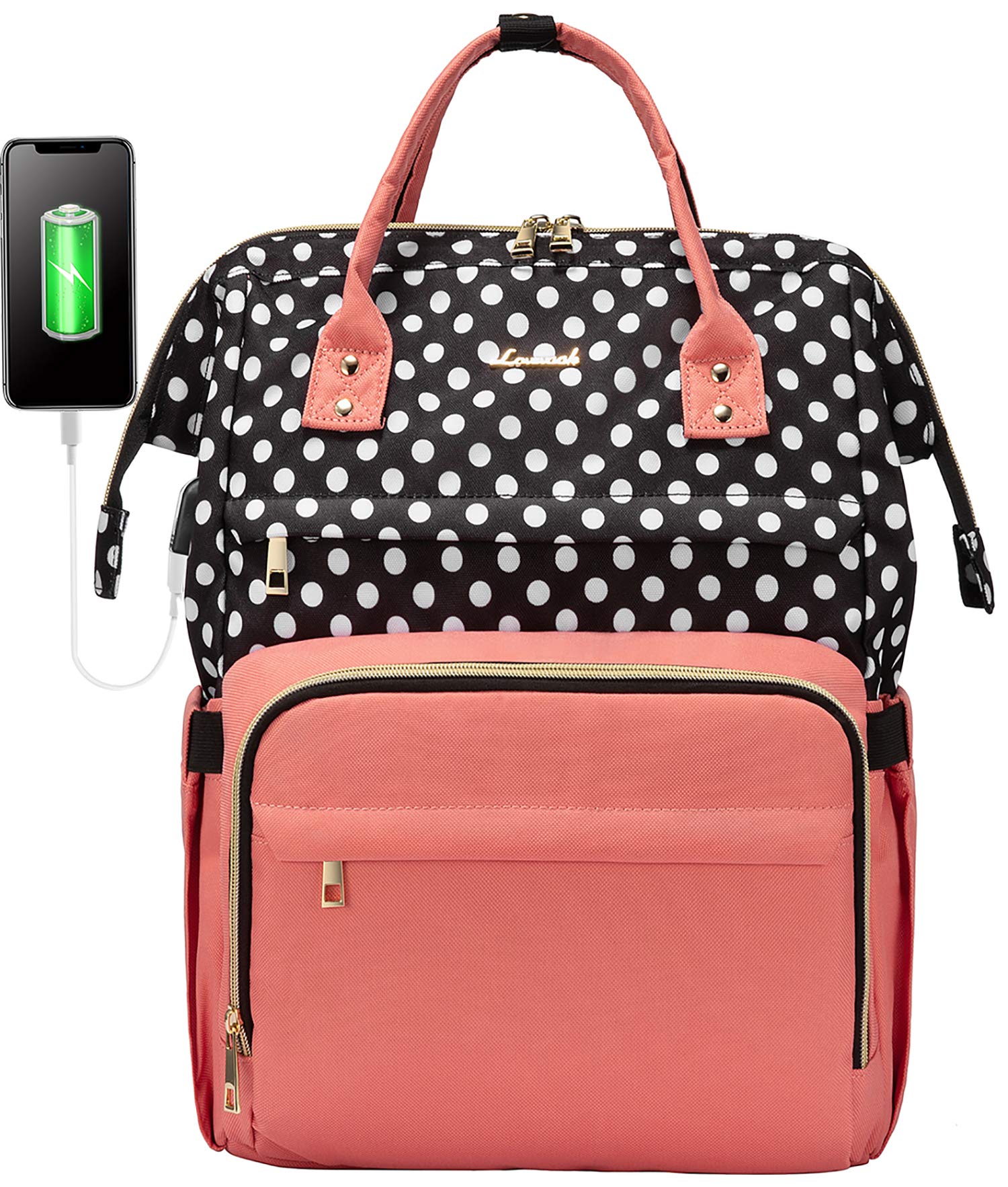 LOVEVOOK 15.6 Inch Women's Laptop Backpack - Waterproof Anti-Theft Work Bag with USB Charging Port for Teachers, Nurses & Professionals | Perfect for Office, Travel & School (Pink Polka Dot)