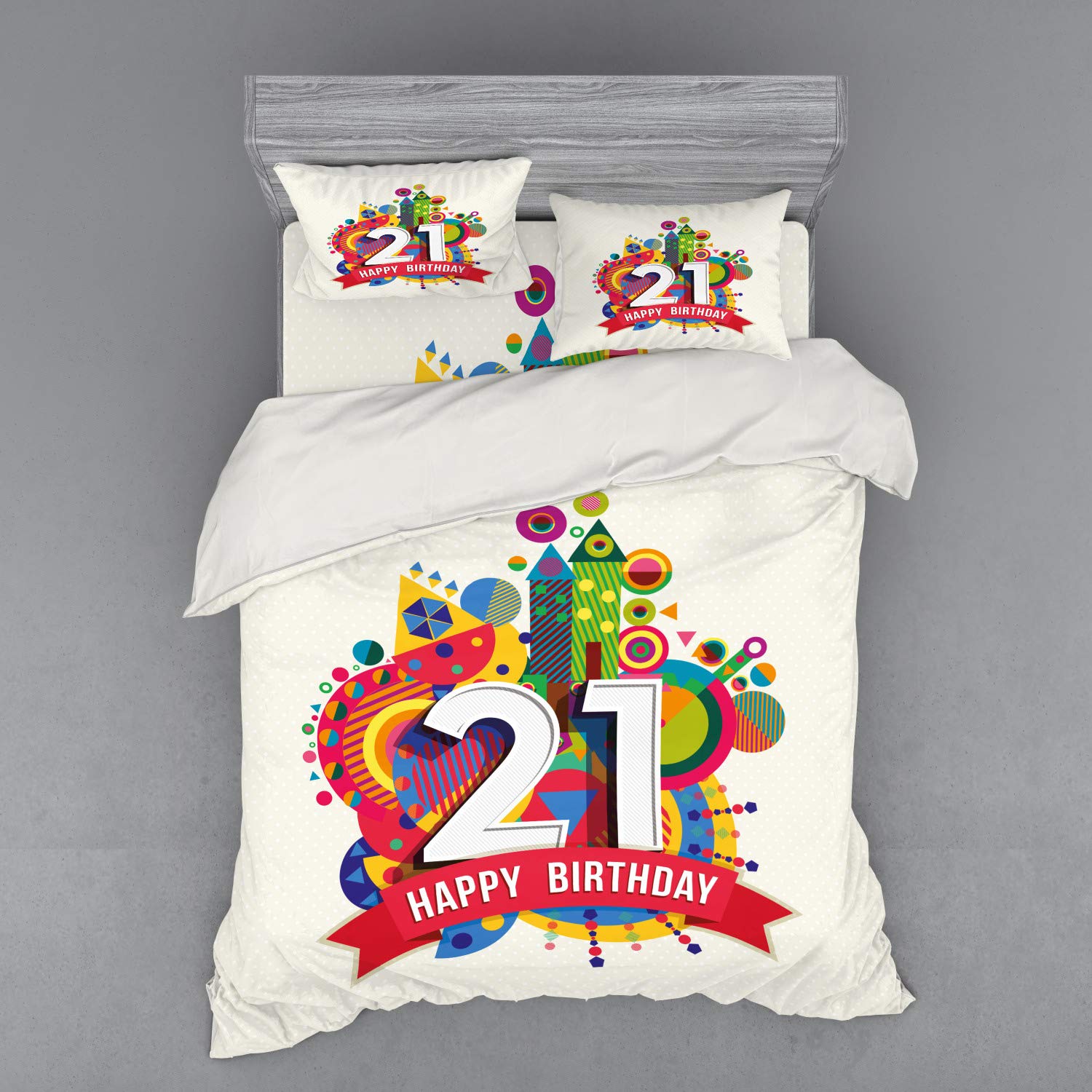 Ambesonne 21st Birthday Bedding Set - Colorful Geometric Castle Print Duvet Cover with Shams & Fitted Sheet, Queen Size 4-Piece Set | Perfect for Birthday Gifts, College Dorms & Themed Bedroom Decor