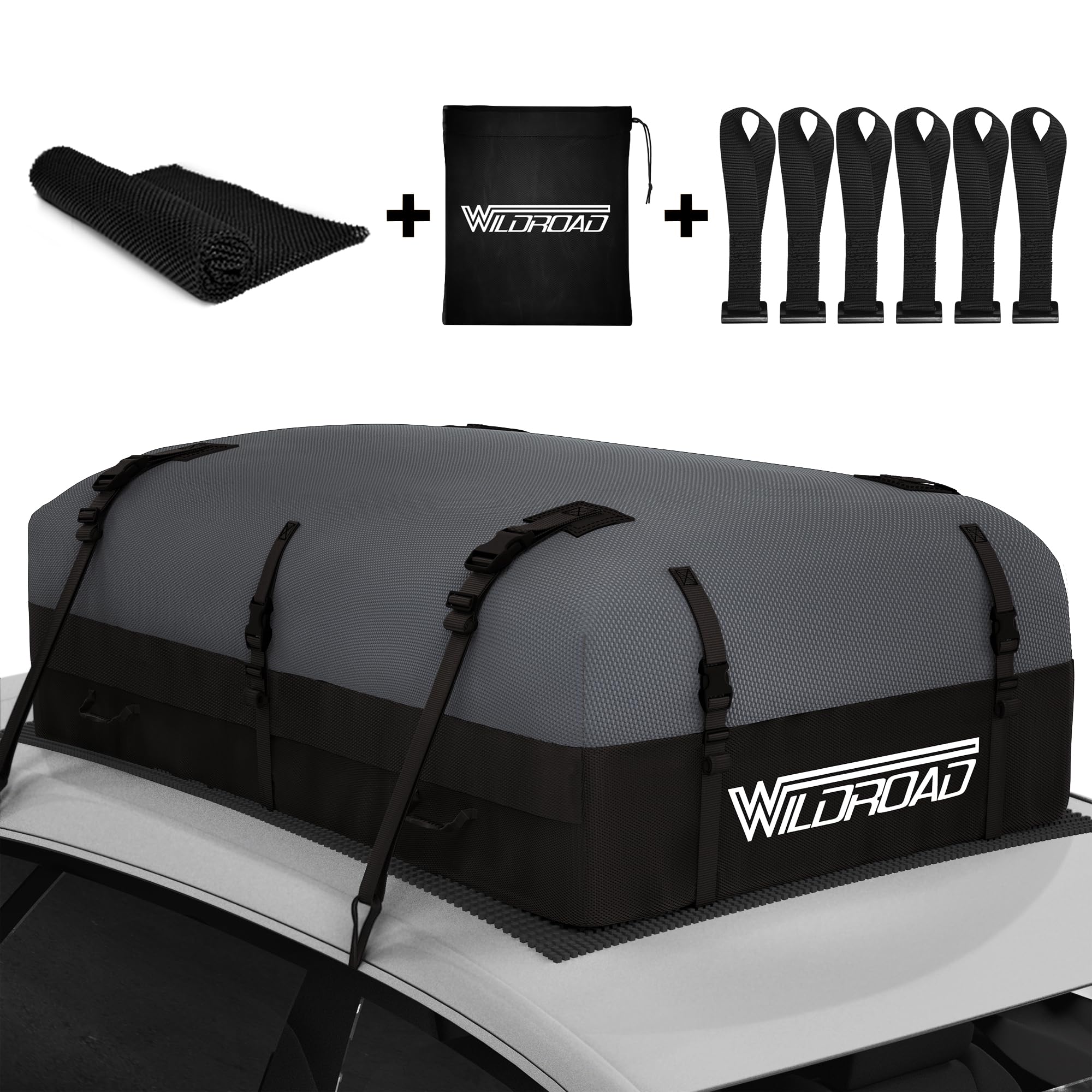 WILDROAD 21 Cubic Feet Waterproof Rooftop Cargo Carrier Bag - 600D Ultra Anti-Tear Fabric, Soft-Shell Roof Storage with Anti-Slip Mat & 6 Door Hooks - Fits All Cars with/Without Roof Racks - Perfect for Road Trips, Camping & Outdoor Adventures