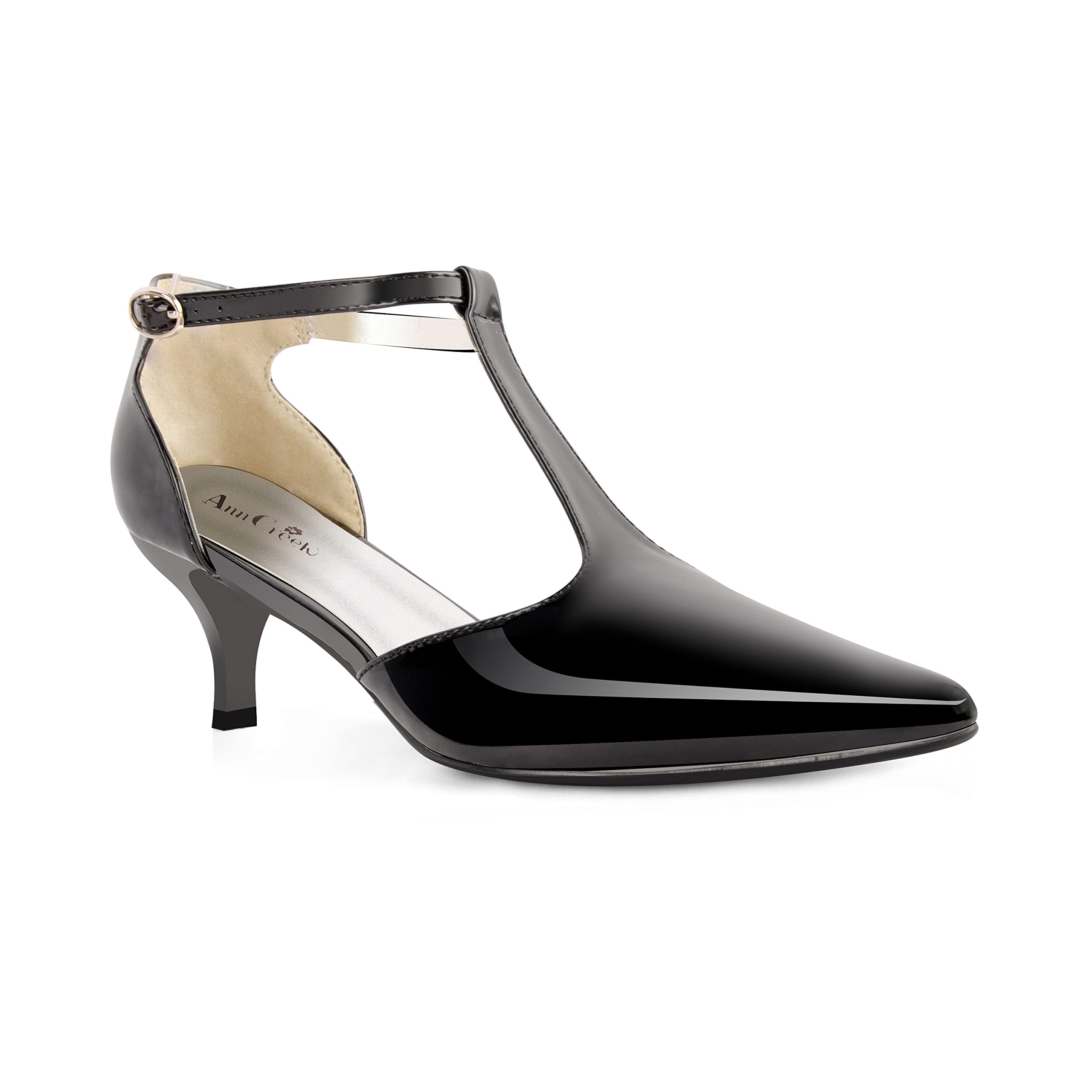 ANN CREEK Women's 'Merida' Sandals - Kitten Heel T-Strap Dress Pumps in Patent PU Leather | Comfortable Wedding, Party & Office Shoes for Women