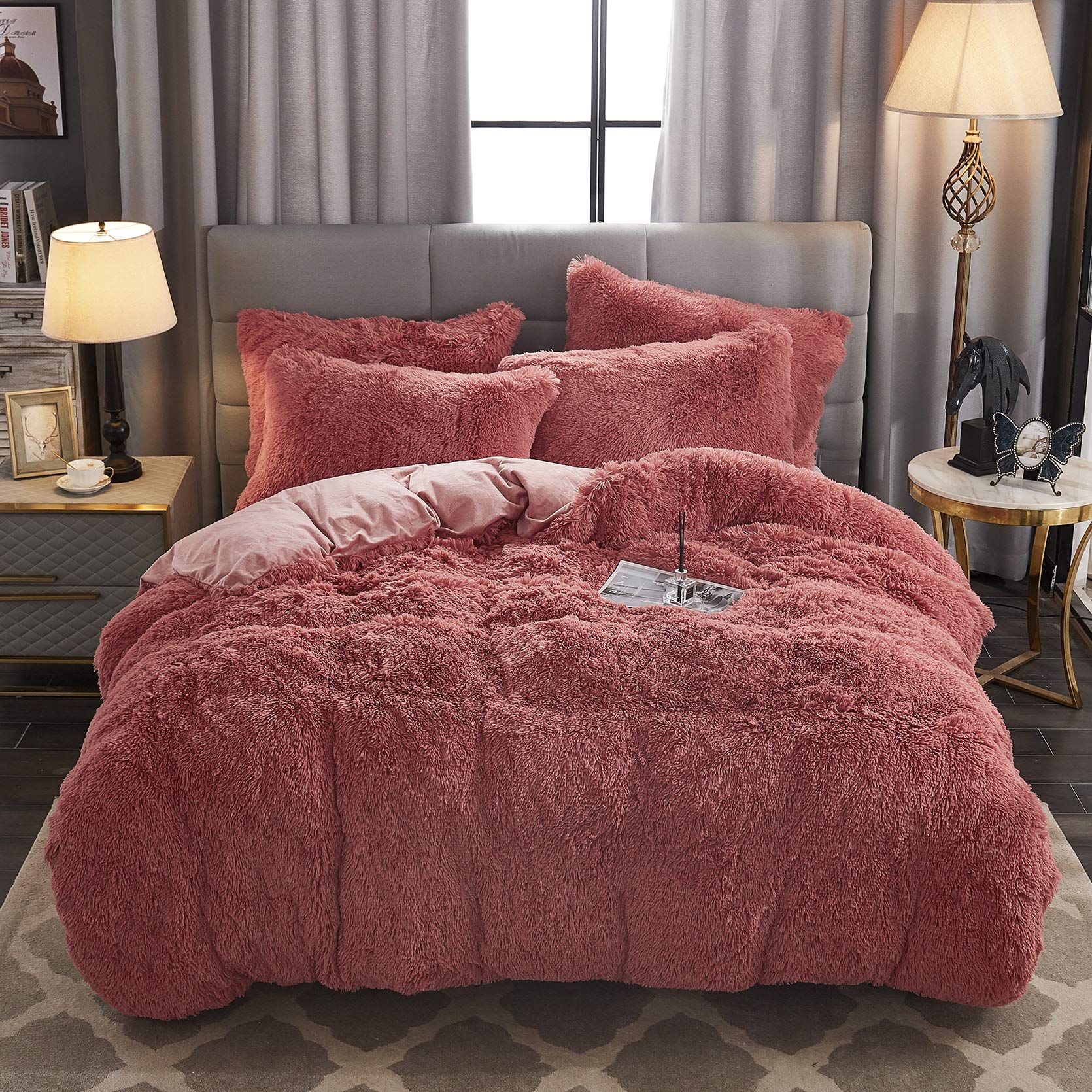WERDIM Shaggy Fluffy Faux Fur Duvet Cover Set - King Size Soft Velvety Bedding with Button Closure & Pillowcases (Salmon Coral) - Cozy Luxury for Bedroom Decor, Winter Warmth & Stylish Home Upgrade