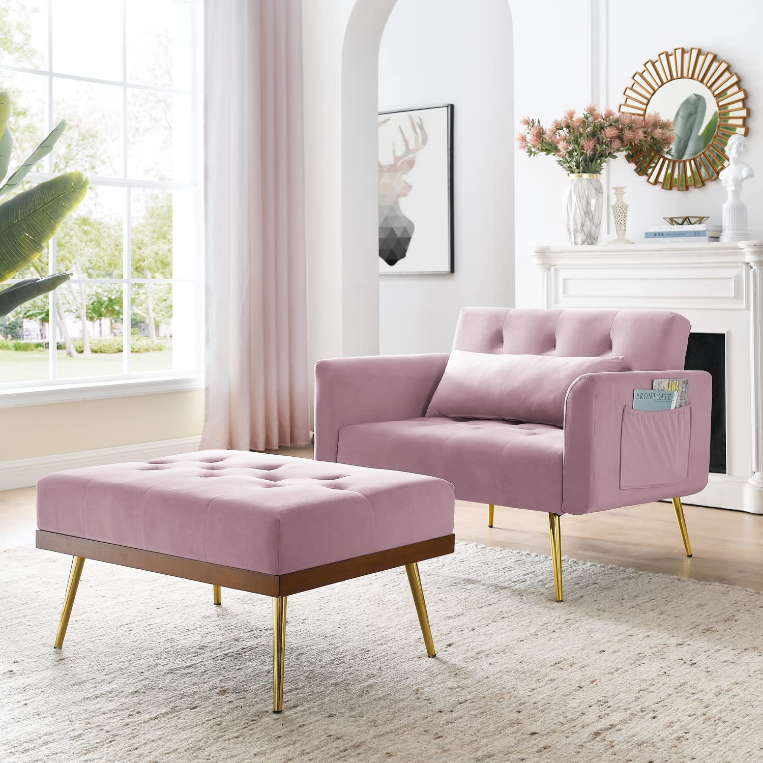 Convertible Velvet Accent Chair with Ottoman - Tufted Recliner Sofa Bed with Adjustable Back, Side Pocket & Pillow - Pink Upholstered Sleeper Chair for Living Room, Bedroom & Small Spaces - Perfect for Relaxing, Napping & Guest Accommodation