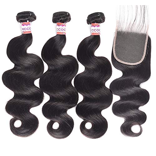 XCCOCO 3 Bundles Natural Black Body Wave Human Hair Weave with 4x4 Lace Closure | 100% Peruvian Virgin Remy Hair Extensions (18, 20, 22 Inch + 16 Inch Closure) | Perfect for Daily Wear, Styling, Parties & Special Occasions