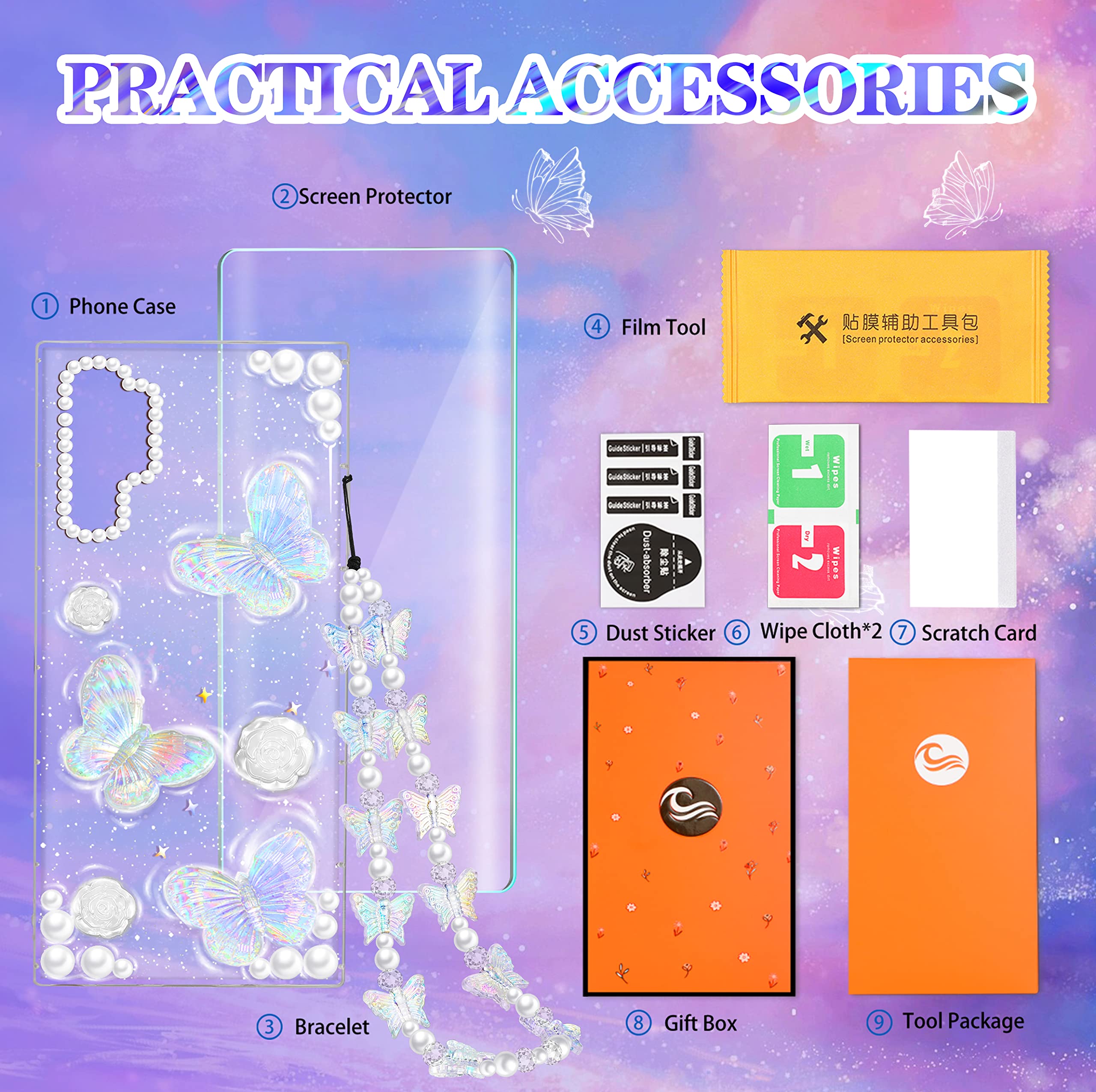 3-in-1 Samsung Galaxy Note 10 Plus Case - Crystal Clear Butterfly Design with Glitter Sparkle, Includes Phone Chain & Screen Protector | Stylish Protective Case for Women & Teen Girls | Perfect for School, Work & Everyday Use