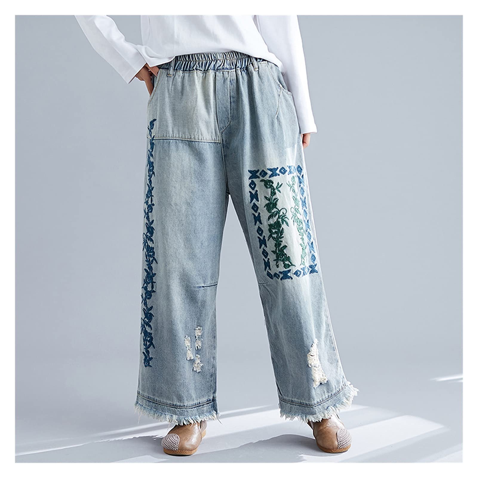Women's Spring Summer Fashion Elastic Waist Printed Frayed Patchwork Ankle Length Denim Jeans - Casual Loose Fit (Blue, X-Large) | Perfect for Everyday Wear, Weekend Outings & Street Style