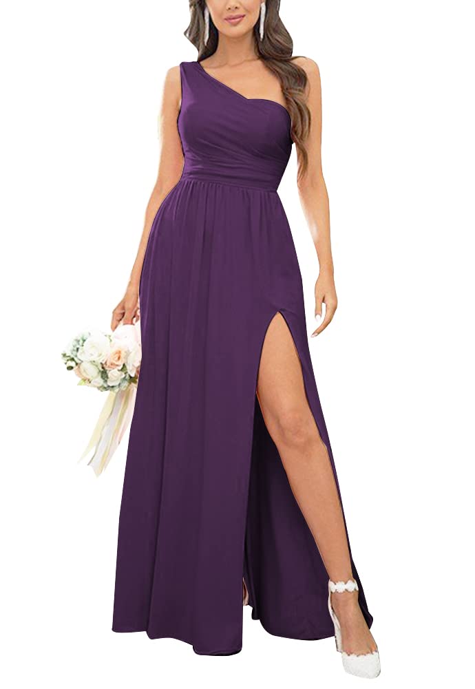 Elegant One Shoulder Chiffon Bridesmaid Dress - Long A-Line Formal Gown with Slit & Ruched Detail for Weddings, Prom, Evening Parties & Special Occasions