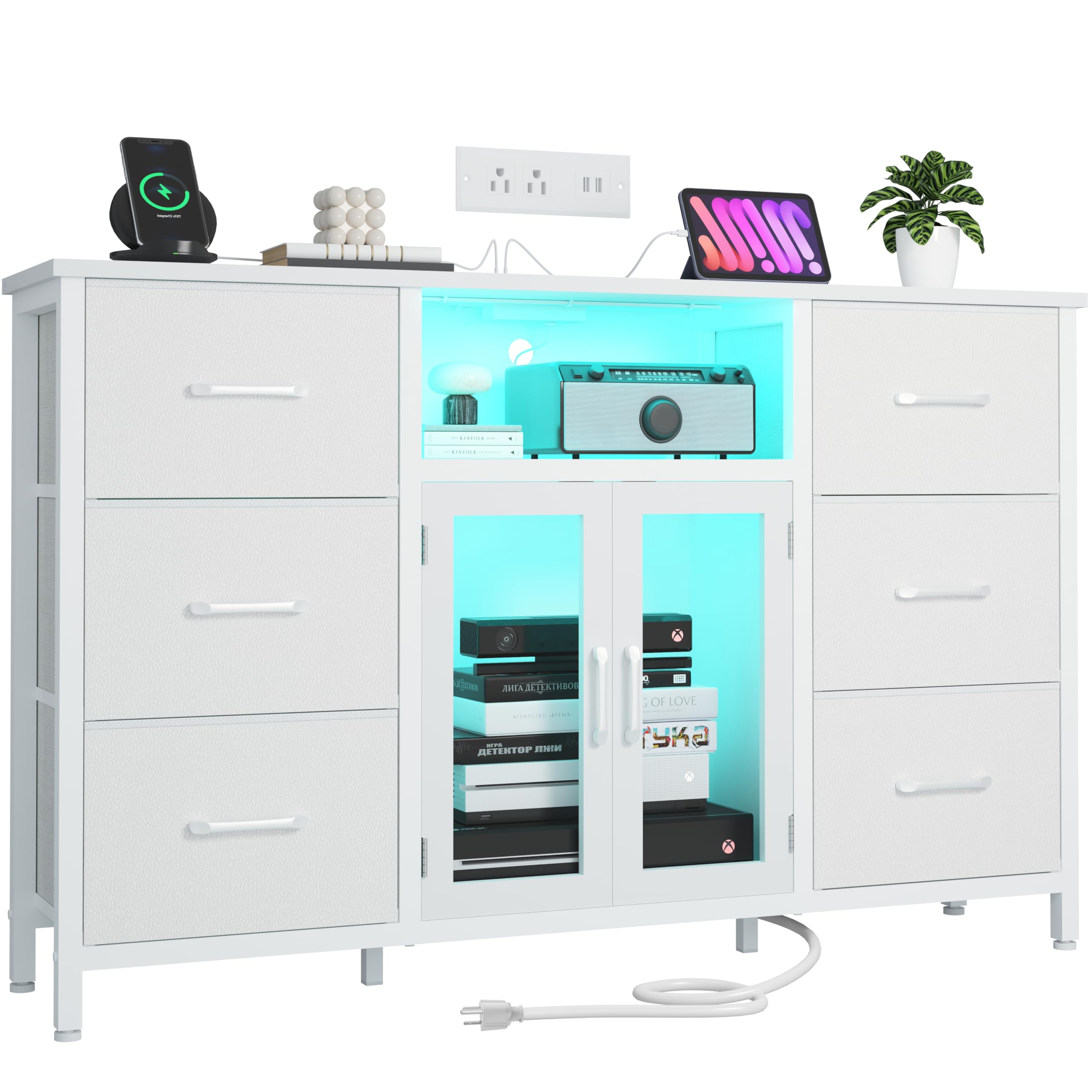 White Dresser with 6 Drawers & Charging Station - 60