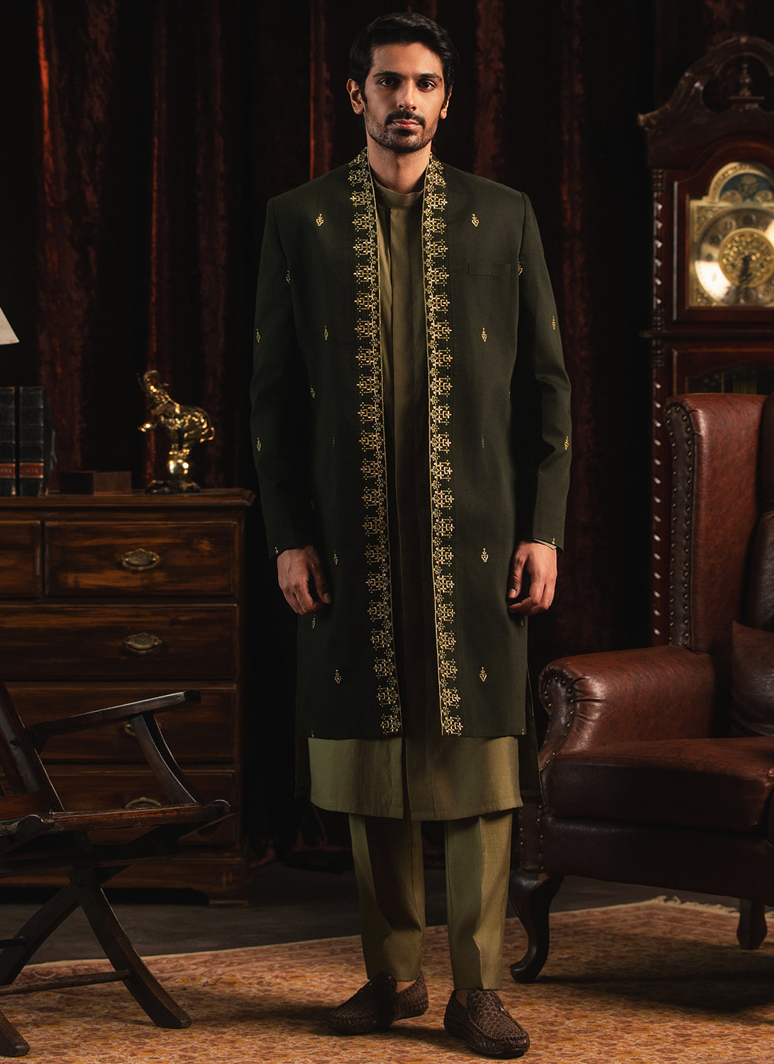Stylish Green Embroidered Sherwani Set for Men | Traditional Indian Wedding Outfit | Perfect for Festivals, Parties & Special Occasions