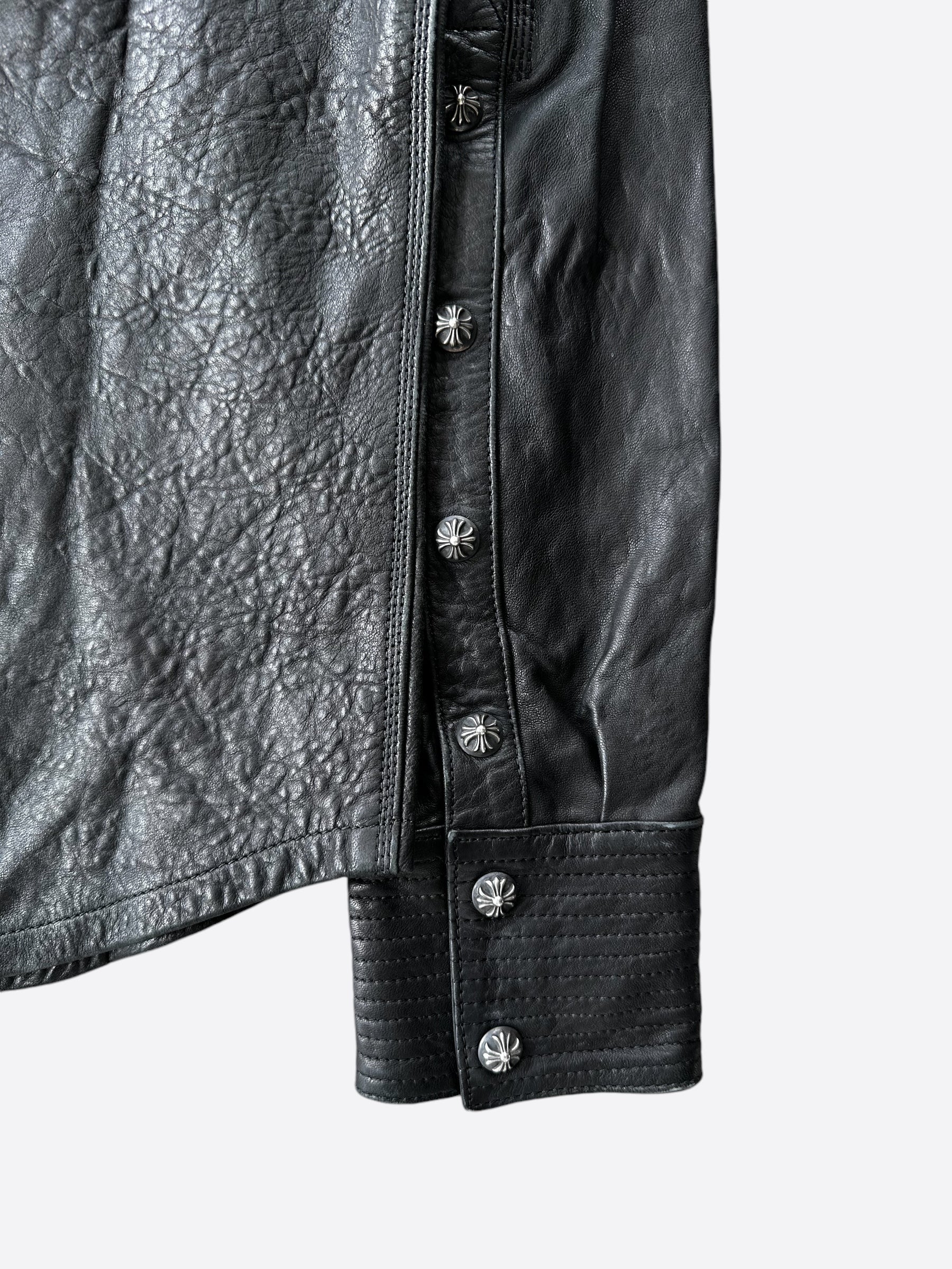 Chrome Hearts Black Leather Button Up Shirt for Men - Stylish Designer Long Sleeve Shirt for Casual Wear & Night Out
