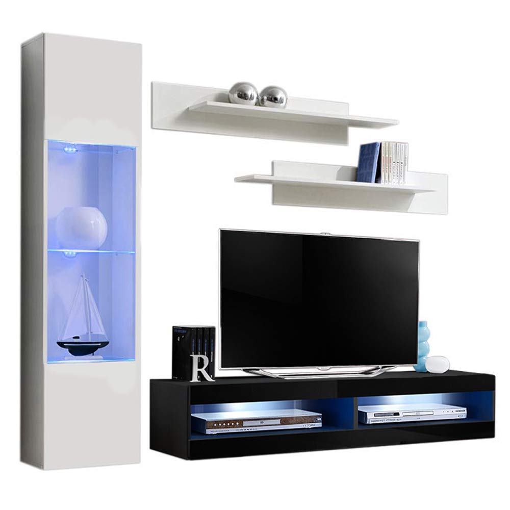 Fly G3 34TV Stand - Modern Wall-Mounted Floating Entertainment Center with Storage Shelves & LED Lights for Bedroom & Living Room - White/Black - Perfect for Small Spaces & Home Theater Setup