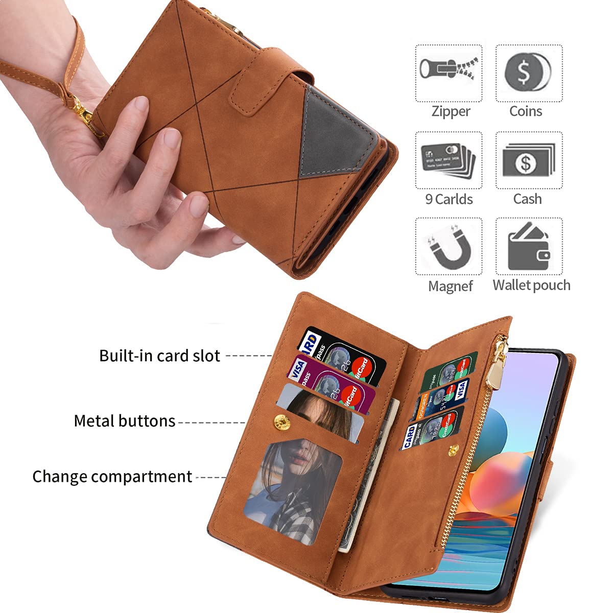 Magnetic Leather Zipper Wallet Case for iPhone 13 (6.1 inch) - Flip Cover with Wrist Strap, Card Holder & Kickstand | Perfect for Travel, Shopping & Everyday Use