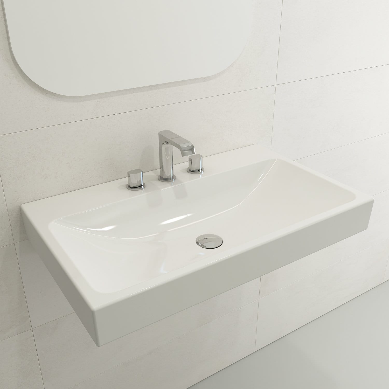 BOCCHI SCALA ARCH 32 Inch Wall Mounted Sink - Fireclay Ceramic Bathroom Vessel with 3 Hole Faucet - Perfect for Modern Farmhouse, Apartment & Small Space Bathroom Design