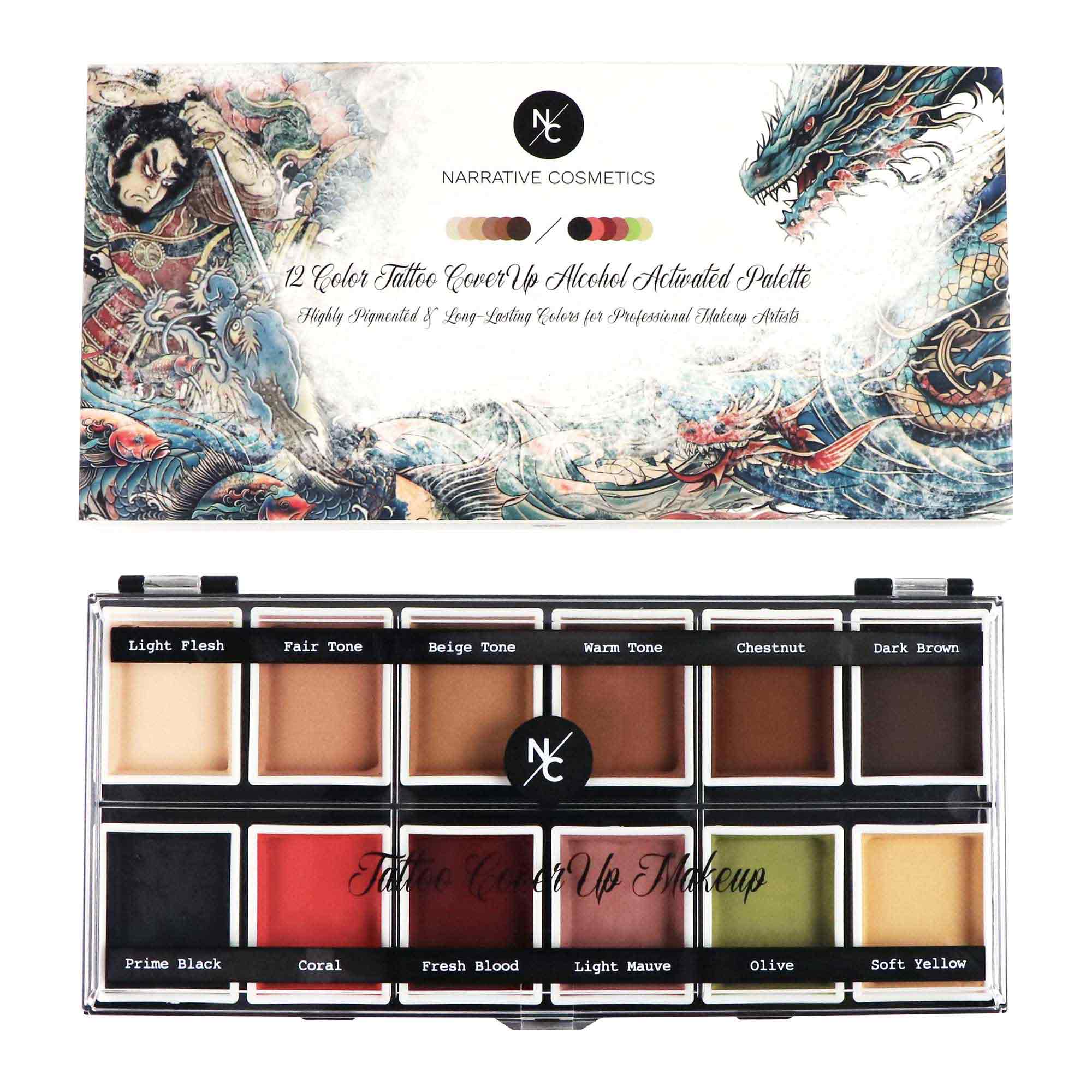 12 Color Alcohol-Activated Tattoo Cover Up Palette - Professional Body Paint for Tattoo Artists & Makeup Artists - Perfect for Halloween, Cosplay & Special FX Makeup