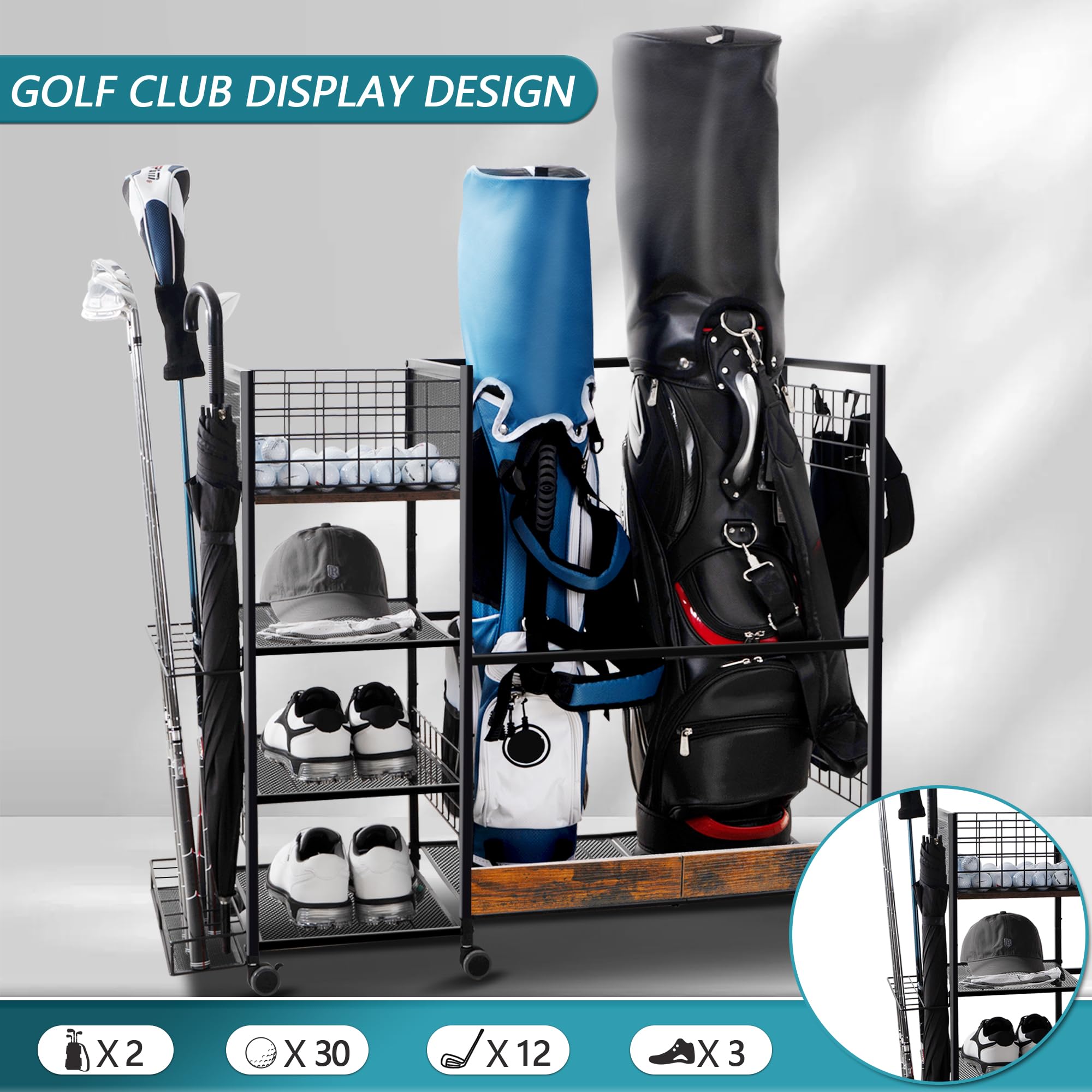 Premium Golf Bag Organizer for Garage - Heavy Duty Golf Storage Rack with 2 Hooks Holds 2 Golf Bags - Golf Club Holder & Accessories Organizer for Men & Women - Perfect for Home, Garage, or Club Storage