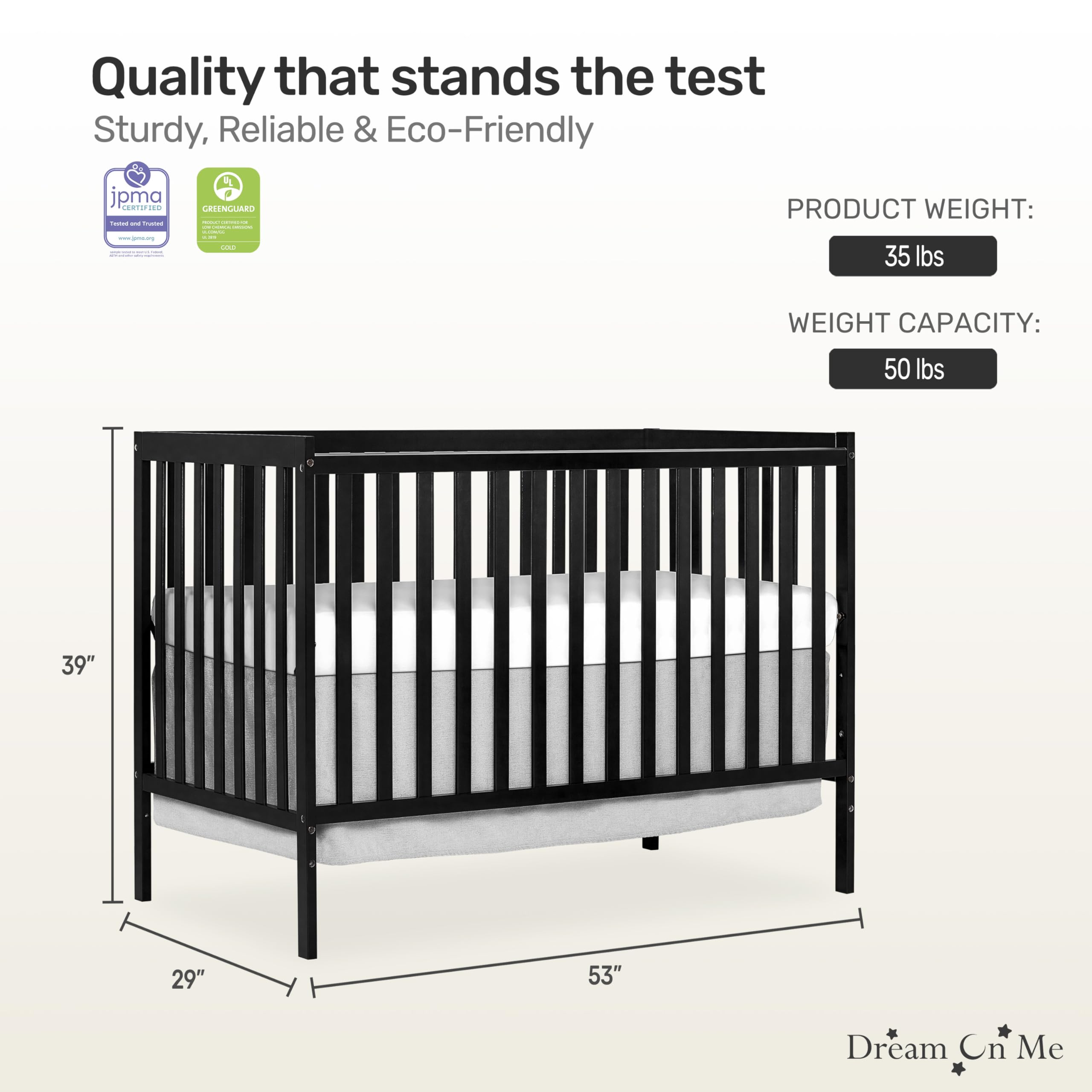 Dream On Me Synergy 5-in-1 Convertible Crib - Black | JPMA & Greenguard Gold Certified | Solid Reclaimed New Zealand Pine Wood | 3 Adjustable Mattress Heights | Nursery & Toddler Bedroom Essential