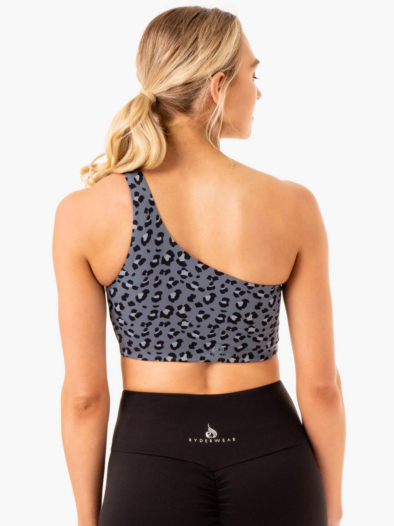Adapt One Shoulder Sports Bra - Steel Blue Leopard Print - High Support Workout Top for Running, Yoga & Gym