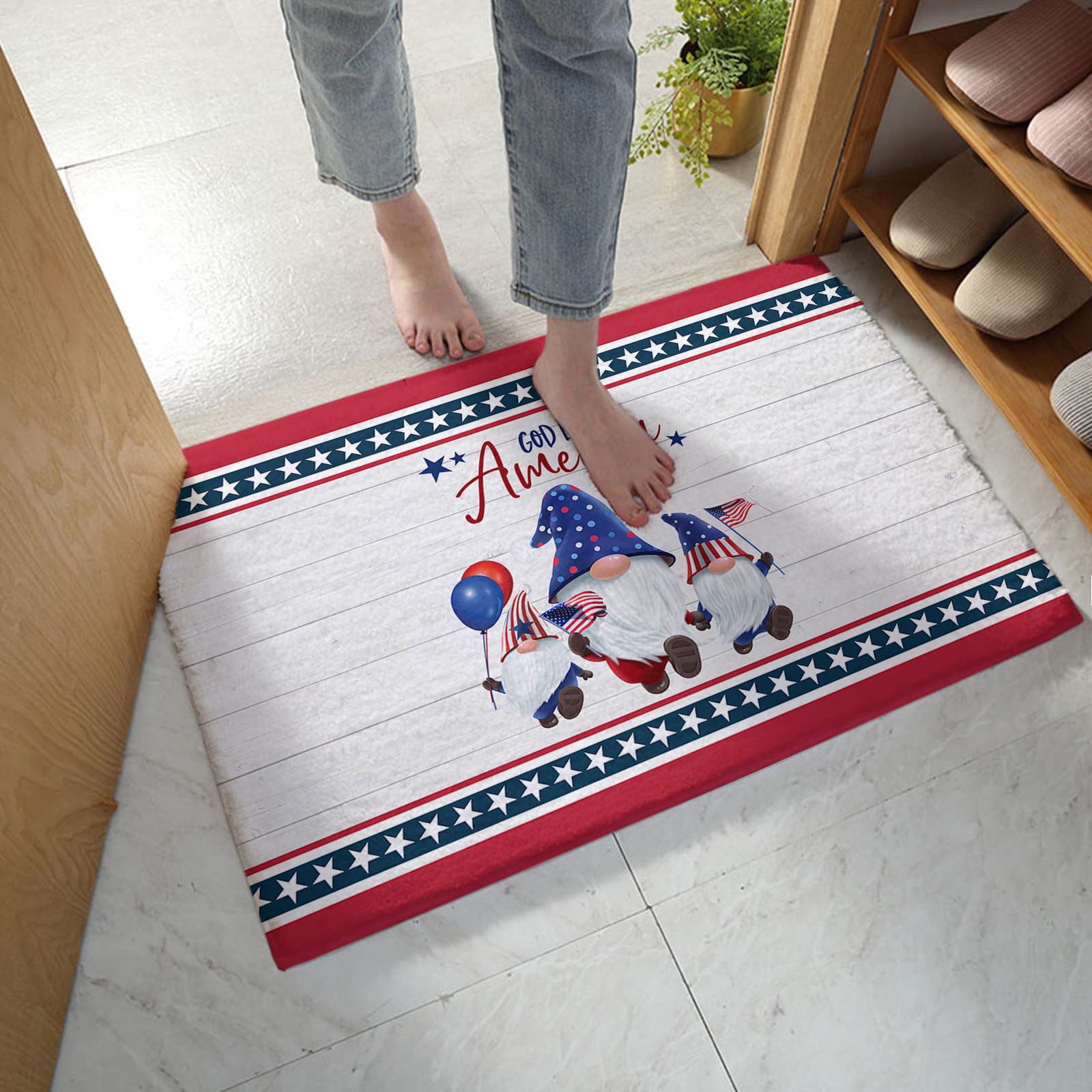 Patriotic Memorial Day Bath Mat - God Bless America Gnomes Design, Non-Slip Extra Absorbent Microfiber Shower Rug, Plush Thick Shaggy Floor Mat for Bathroom - Perfect for 4th of July Decor, American Theme Bathroom & Holiday Home Decor