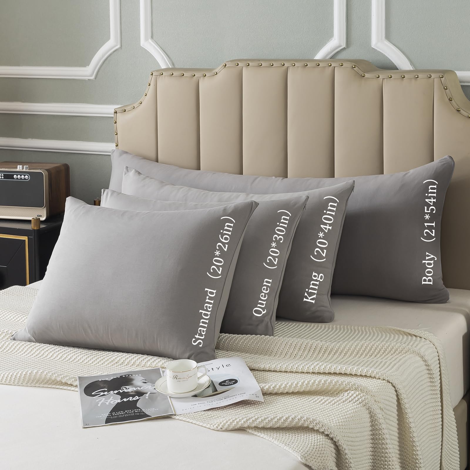 King Size Jersey Knit Pillowcases Set of 2 - 100% Cotton Zipper Closure Bed Pillow Cases (20x40 Inches) | Soft, Breathable Dark Grey | Perfect for Luxury Bedding & Guest Room Essentials