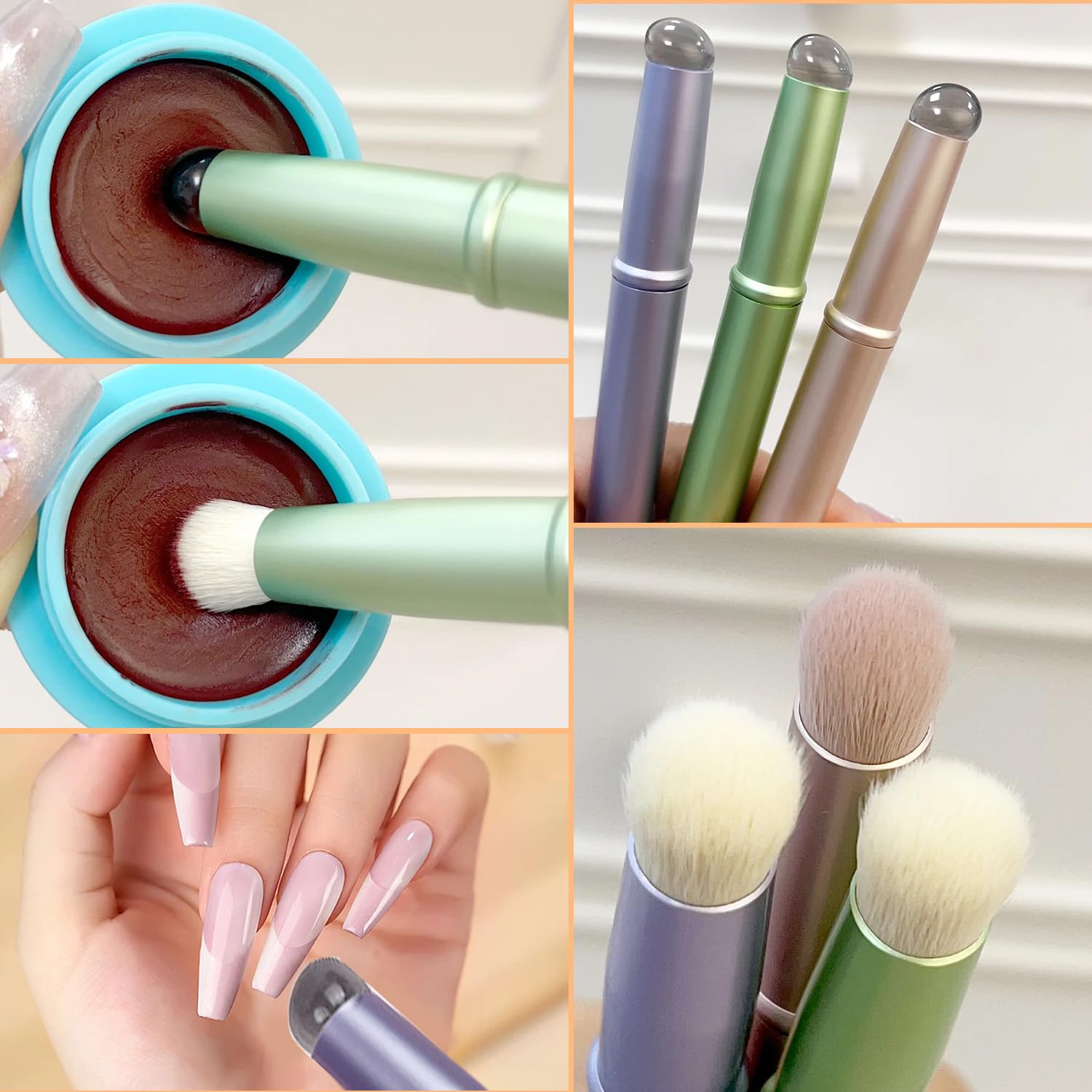 WOKOTO 3-Piece Double Headed Nail Art Brush Set - Chrome Gold, Blue & Green Silicone Ombre Brushes with Dust Brush for Gradient Nail Designs | Professional Acrylic Nail Painting Tools for Salon & Home Manicures