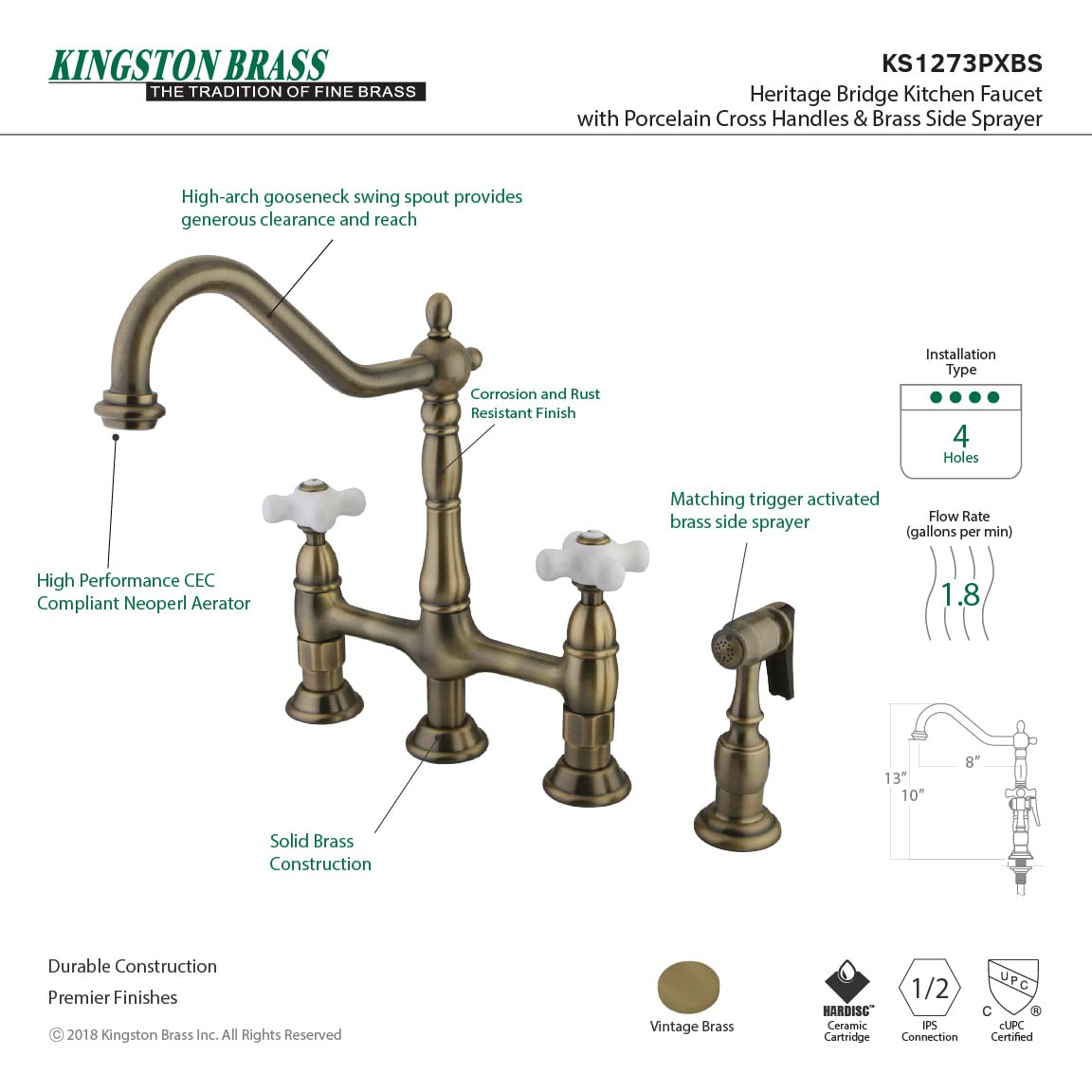 Kingston Brass Elements of Design ES1273PXBS 8-Inch New Orleans Vintage Brass Kitchen Faucet with Pull-Down Side Sprayer - Perfect for Farmhouse, Cottage & Traditional Style Kitchens