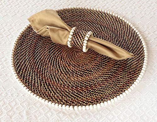 Set of 4 White Woven Round Bead-Rimmed Placemats - Elegant Table Setting for Dining Room, Kitchen, or Party Decor - Imported