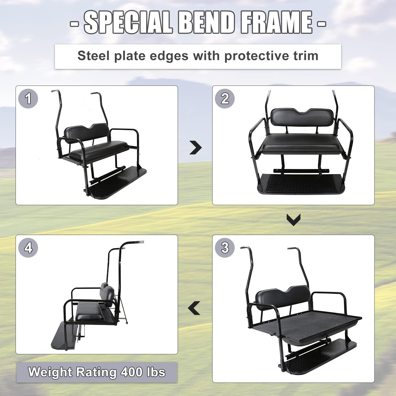 ECOTRIC Rear Flip Folding Seat Kit for 2000-Up Club Car DS Model Golf Cart - 400 lbs Weight Capacity (2-Pack) - Perfect for Golf Courses, Campuses & Resort Transportation