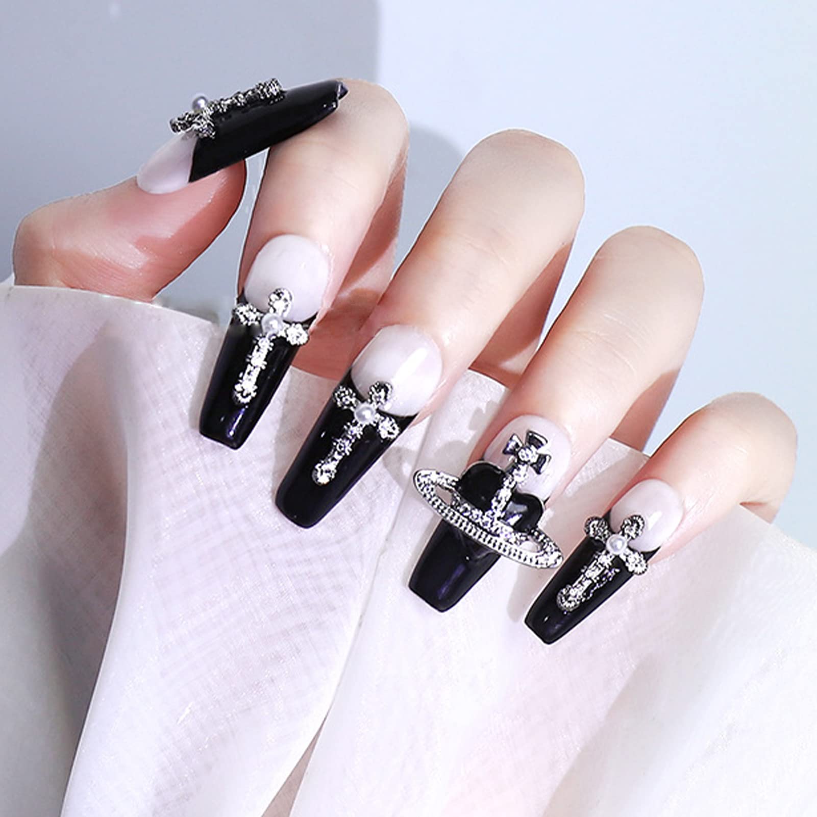 12Pcs 3D Cross Nail Art Charms Kit with Pearls - Mixed Size Antique Style Nail Rhinestones for Women & Girls (Silver) | Perfect for Nail Decorations, DIY Nail Art Designs, and Special Occasion Manicures