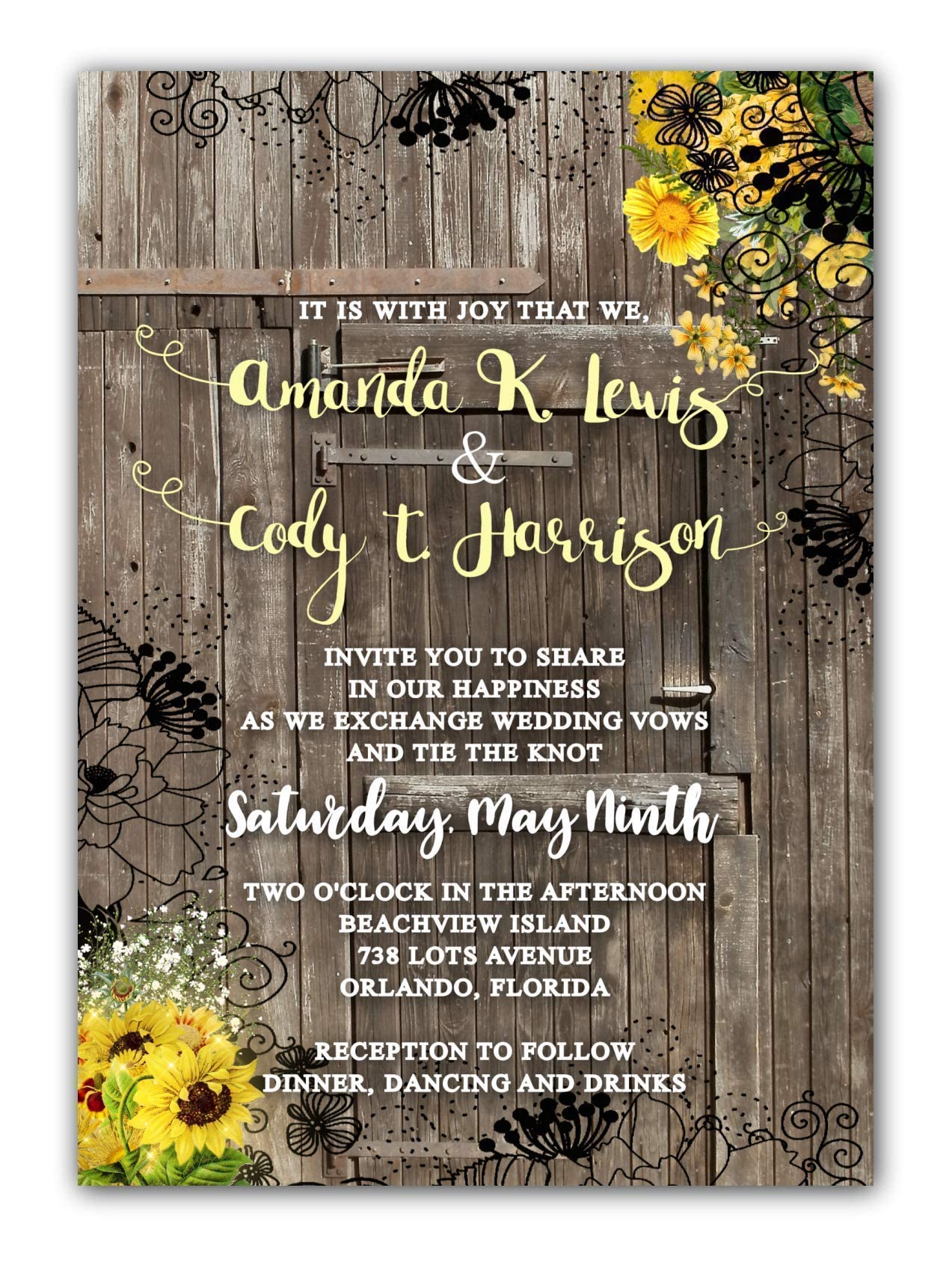 Custom Sunflower Rustic Wedding Invitation Set - 50 Personalized Yellow & Black Save the Date Cards with RSVP - Perfect for Country, Barn, and Fall Weddings