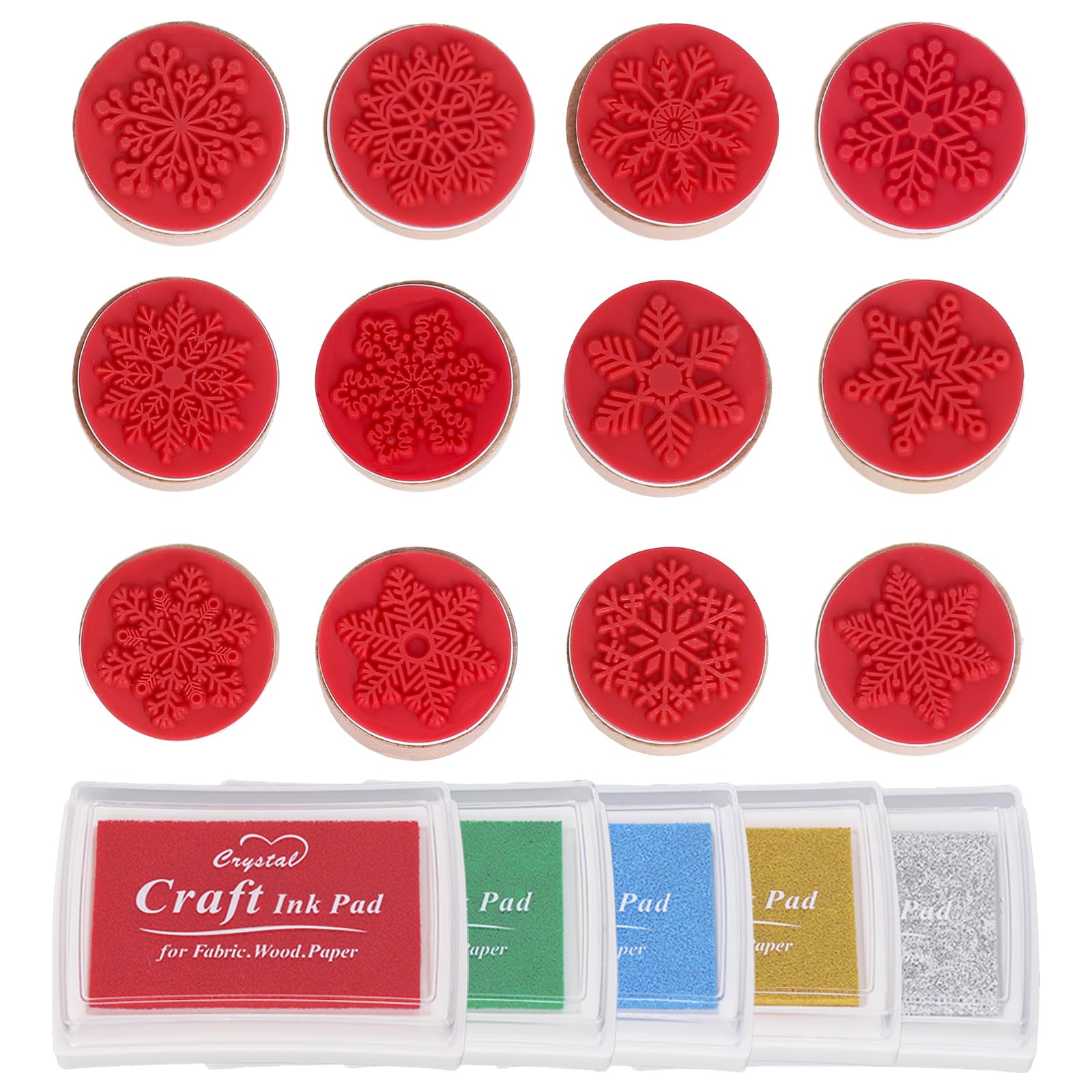 12Pcs Winter Snowflake Wooden Rubber Stamps with 5 Colors Ink Pads - Christmas DIY Craft Stamps for Holiday Cards, Scrapbooking, Gift Wrapping & Xmas Party Decorations (Great for Handmade Greetings & Seasonal Crafts)