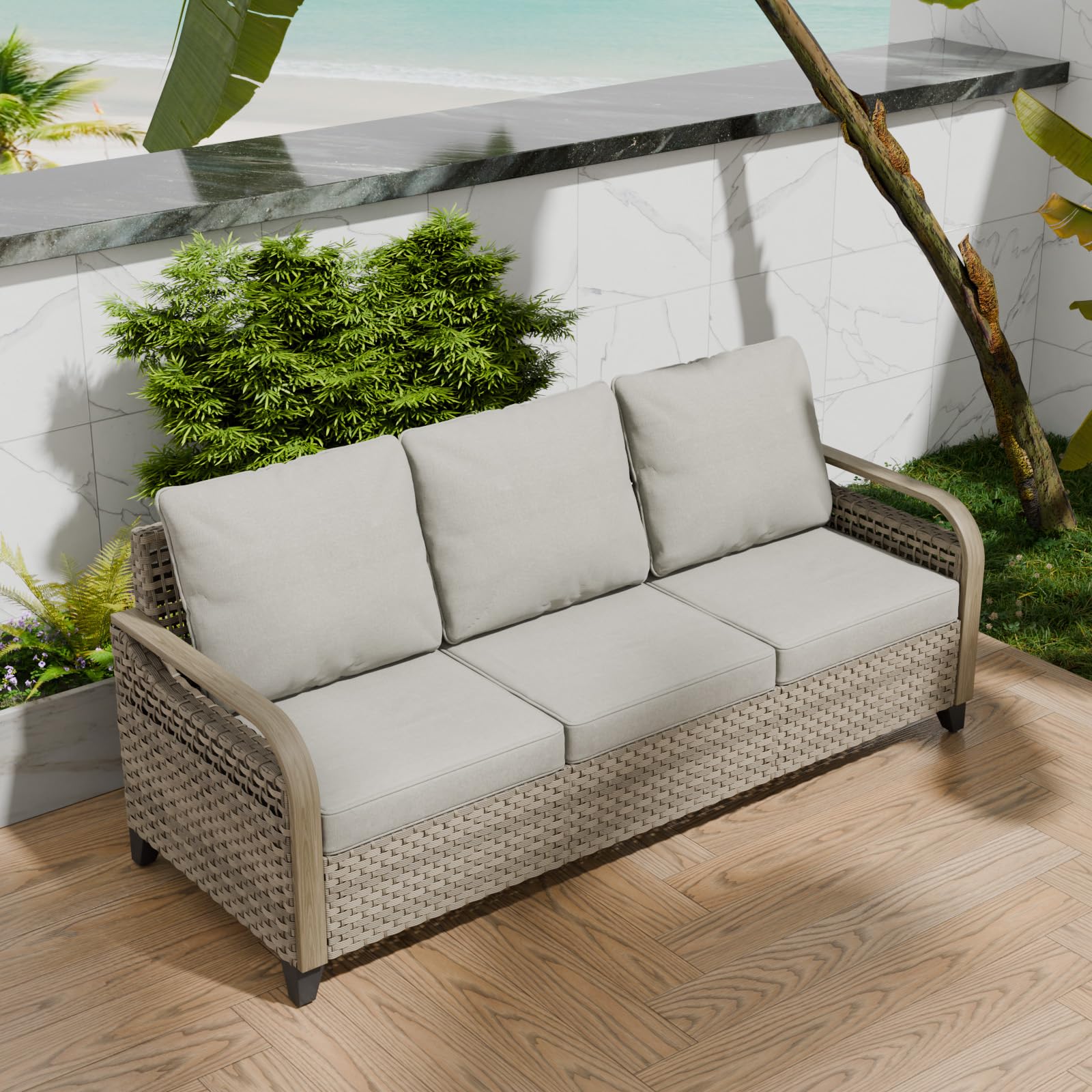 **COOS BAY Modern Wicker Outdoor Sofa Set - 3-Seater Patio Loveseat for Garden, Backyard, Deck, Porch & Balcony - Weather-Resistant Brown/Gray Couch - Perfect for Relaxing, Entertaining & Outdoor Lounging**