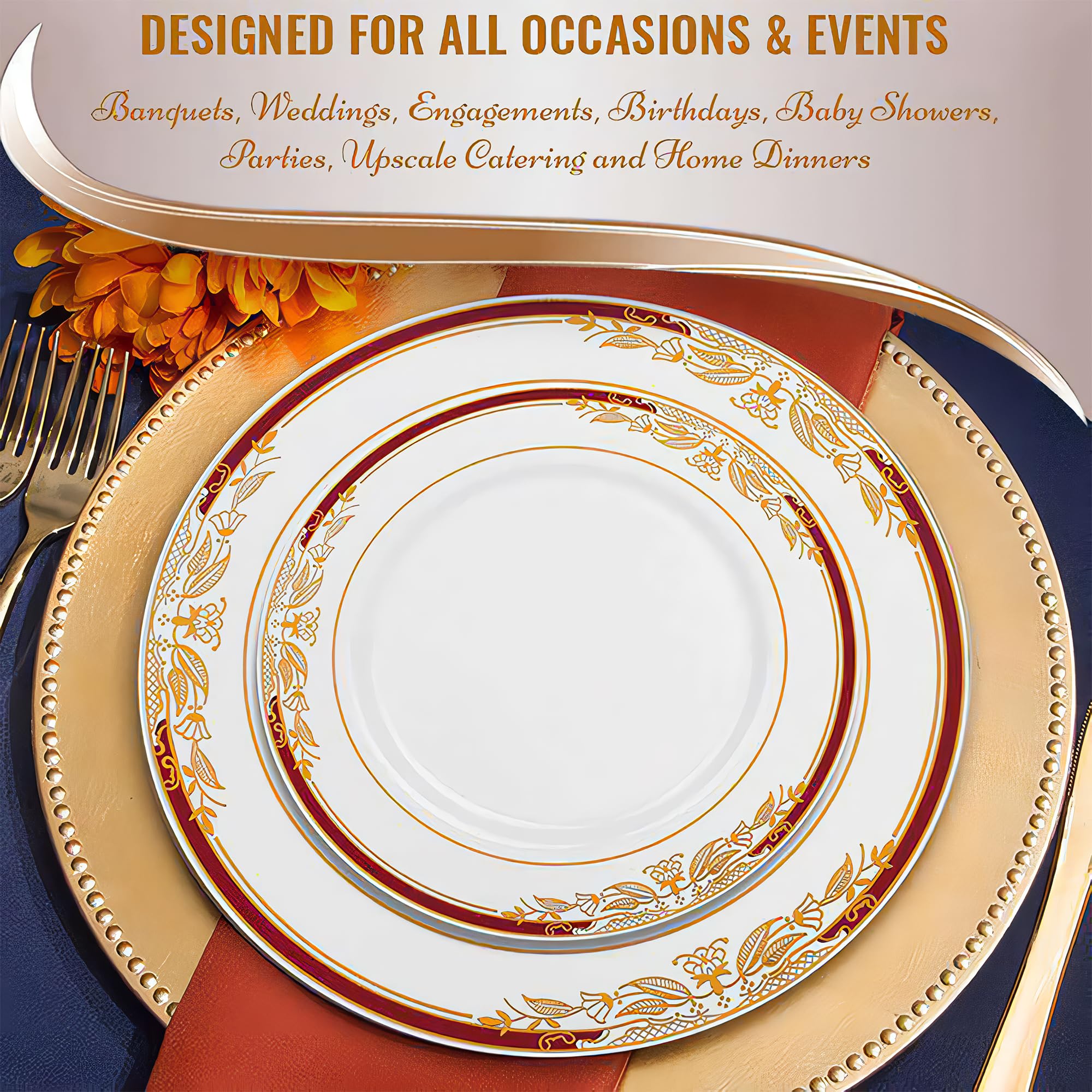 Elegant White with Burgundy & Gold Trim Disposable Plastic Dinner Plates 10.25 Inch - 10 Pack for Wedding Reception, Banquet, Party, Anniversary & Holiday Celebrations - Perfect for Upscale Events, Catering & Special Occasions