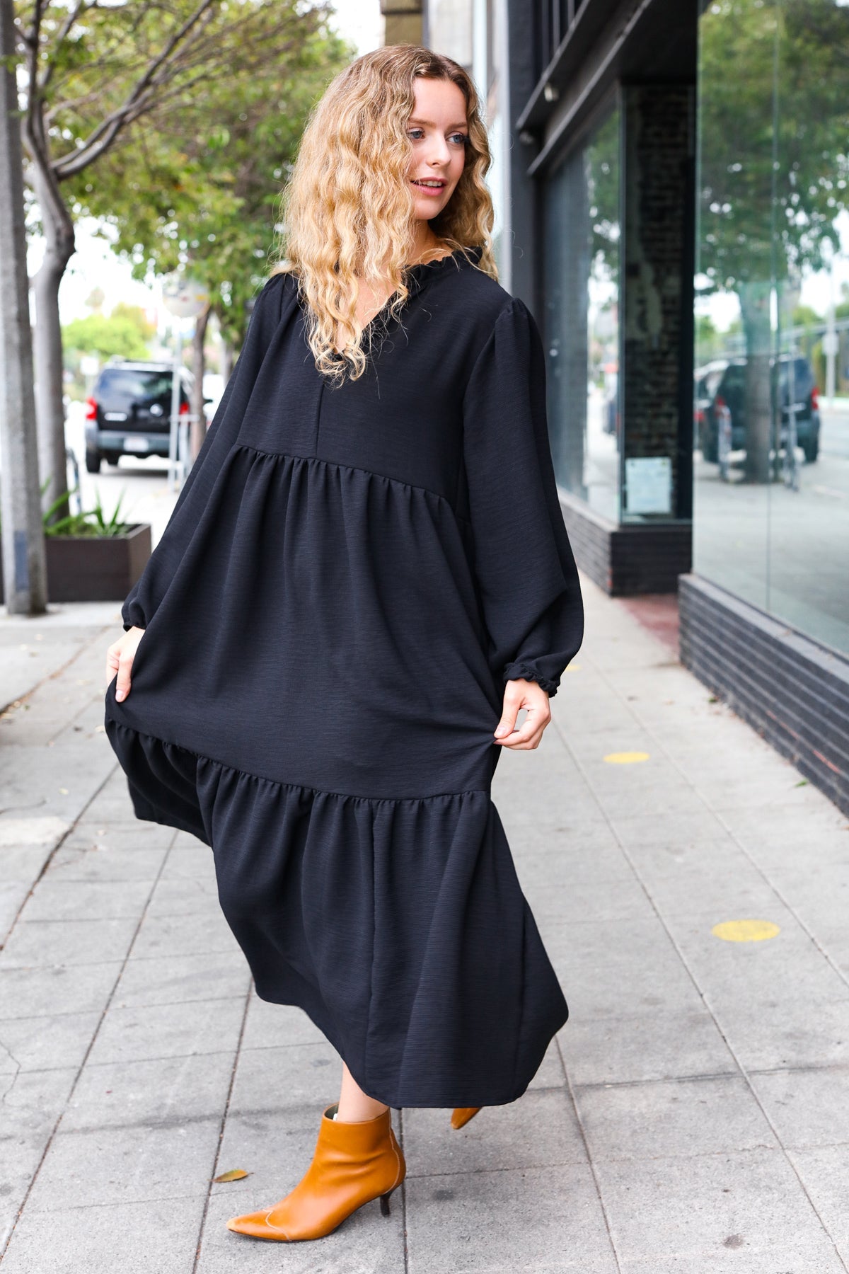 Elegant Black Notched Neck Frill Hem Tiered Maxi Dress for Women - Perfect for Weddings, Parties & Evening Events