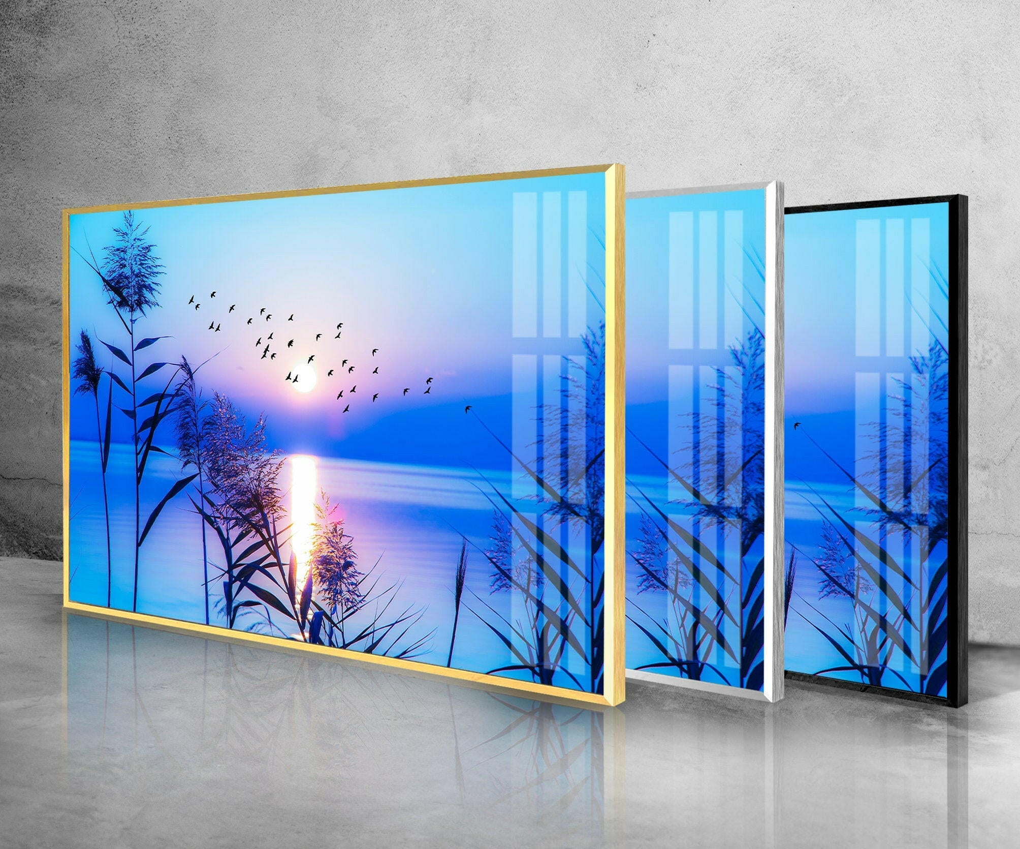 Blue Sunrise On Lake Glass Wall Art - Stunning Handmade Glass Painting for Home & Office Decor - Perfect for Living Room, Bedroom, or Office Wall Decoration