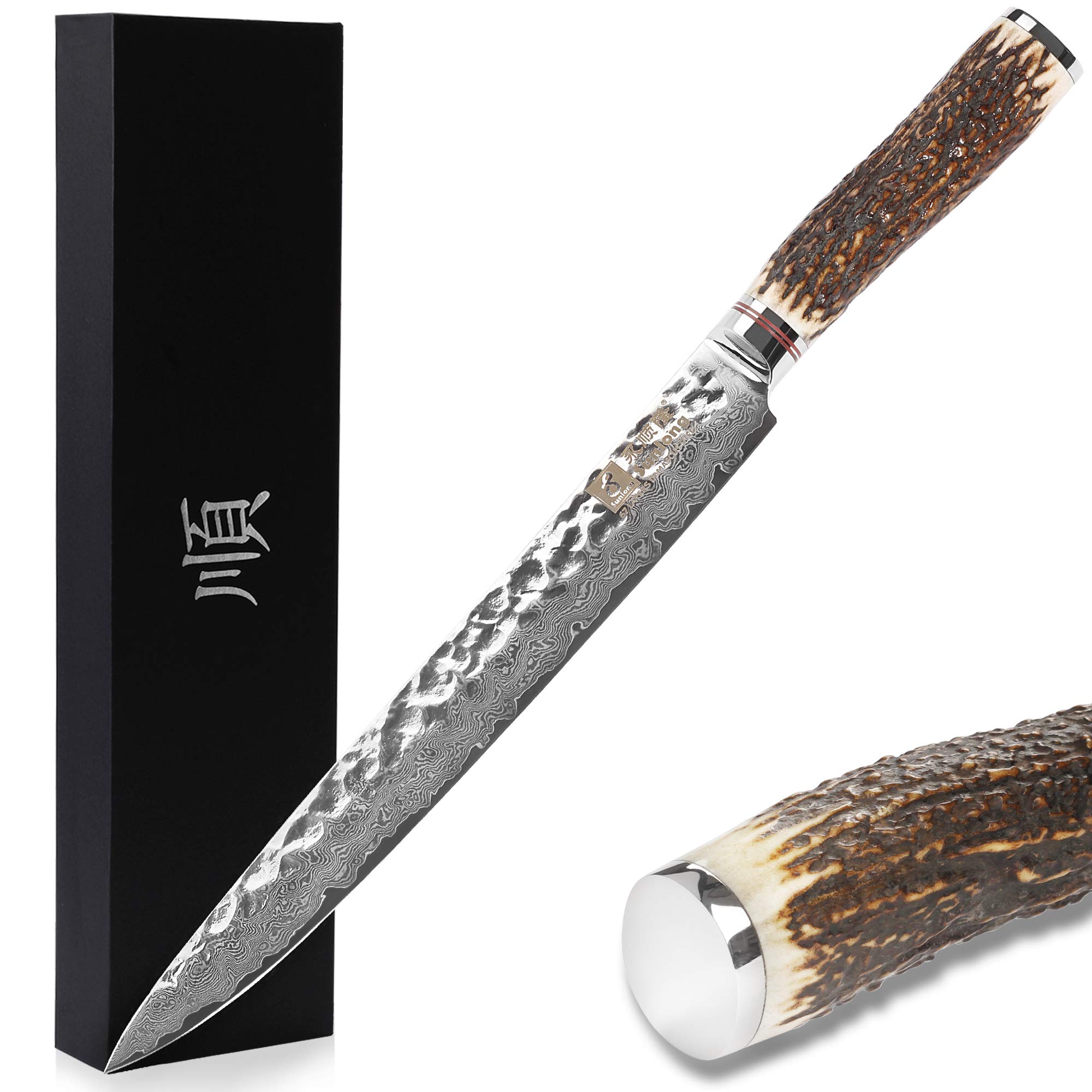 Premium 10 Inch Japanese Sashimi Knife - Ultra Sharp Damascus Steel Slicing & Carving Knife with Natural Antler Handle - Perfect for Sushi Making, Fish Filleting & Meat Cutting