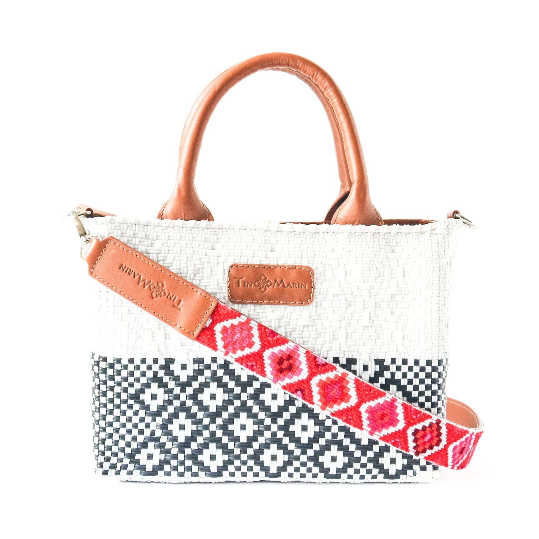 Eco-Friendly Small Woven Crossbody Bag with Tan Leather Handles - Adjustable Strap & Secure Zipper Closure | Handcrafted Mexican Recycled Plastic Purse | Perfect for Summer Travel, Beach Outings & Daily Use