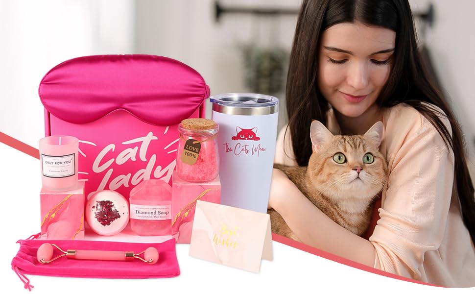 Premium Cat Lover Gift Set - 20oz Insulated Coffee Tumbler, Lavender Aromatherapy Candle, Diamond-Infused Soap, Jade Facial Roller, Relaxing Bath Bomb & Salts, Silk Sleep Mask & Gift Card in Elegant Cat-Themed Gift Box - Perfect Birthday, Anniversary & Self-Care Gifts for Cat Ladies