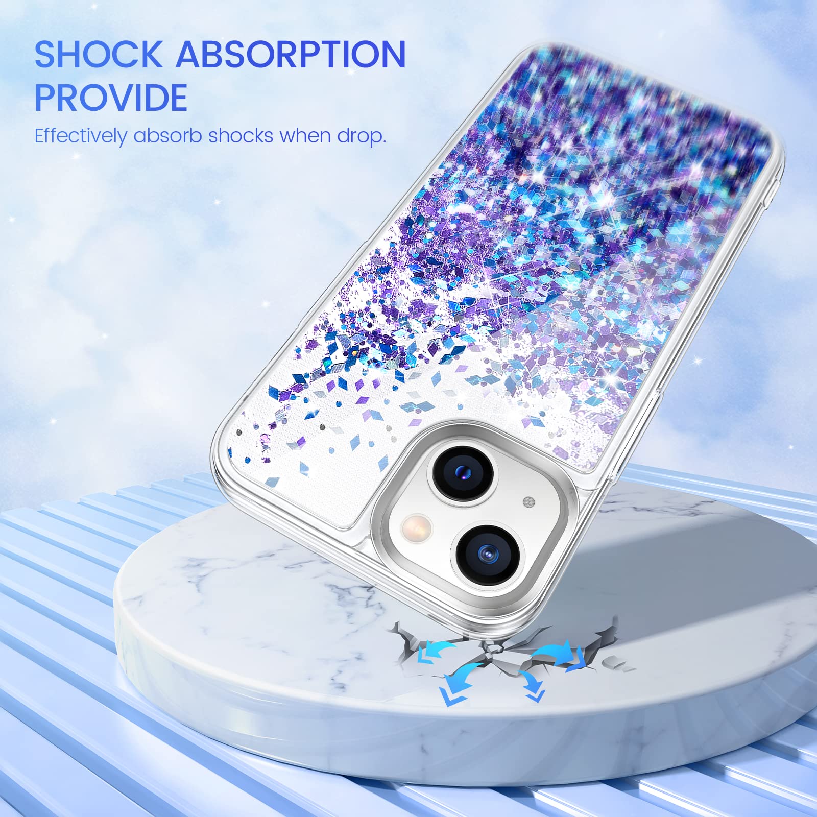 Caka Glitter Phone Case Compatible with iPhone 13 Mini (5.4 Inch) - Sparkling Floating Quicksand Waterfall Clear Soft TPU Cover for Women (Blue Purple) | Perfect for Everyday Use, Parties & Gift Giving